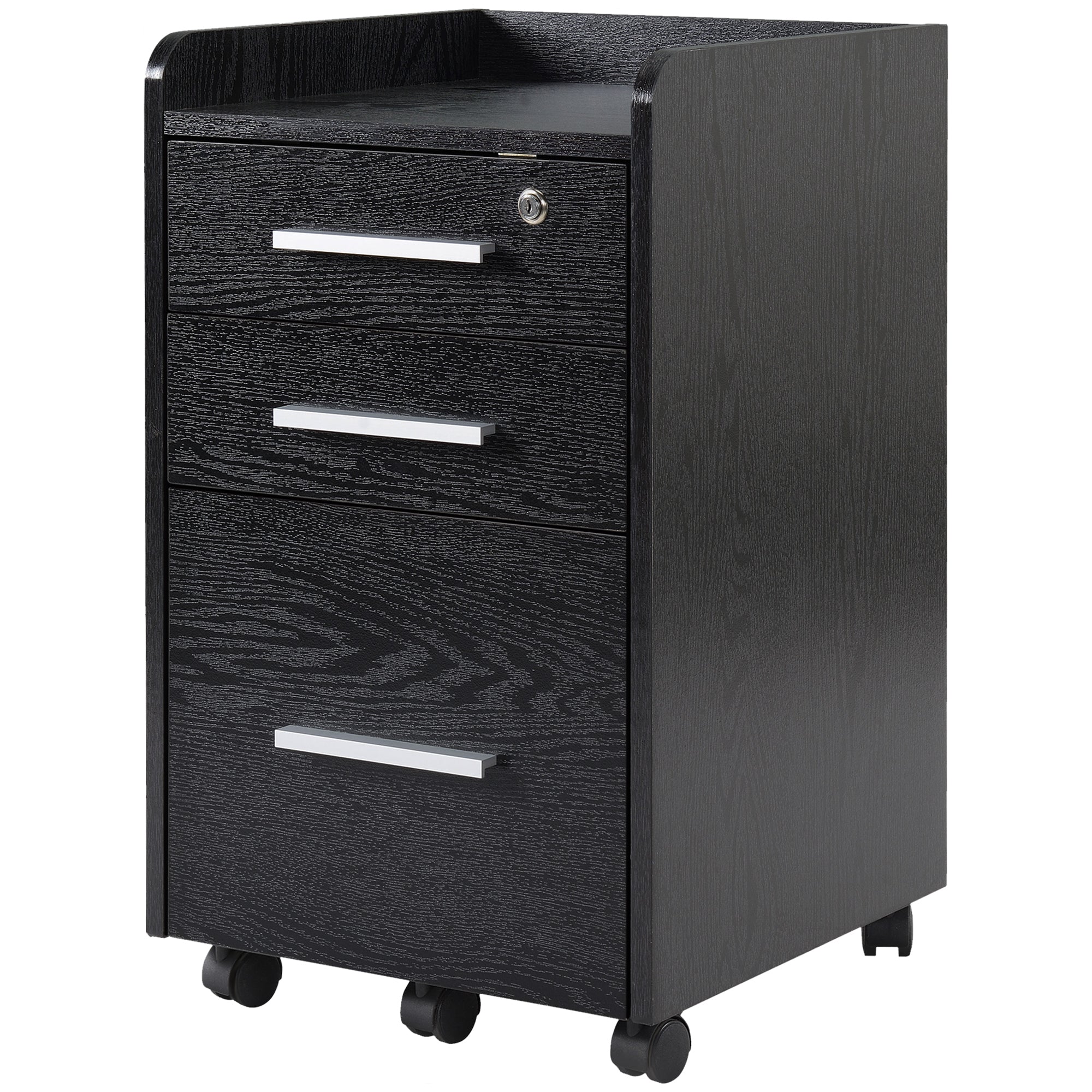 HOMCOM 3 Drawer File Cabinet with Lock and Edged Top, Lockable Filing Cabinet on Wheels with Hanging Bars for Letter and A4 Size, Black