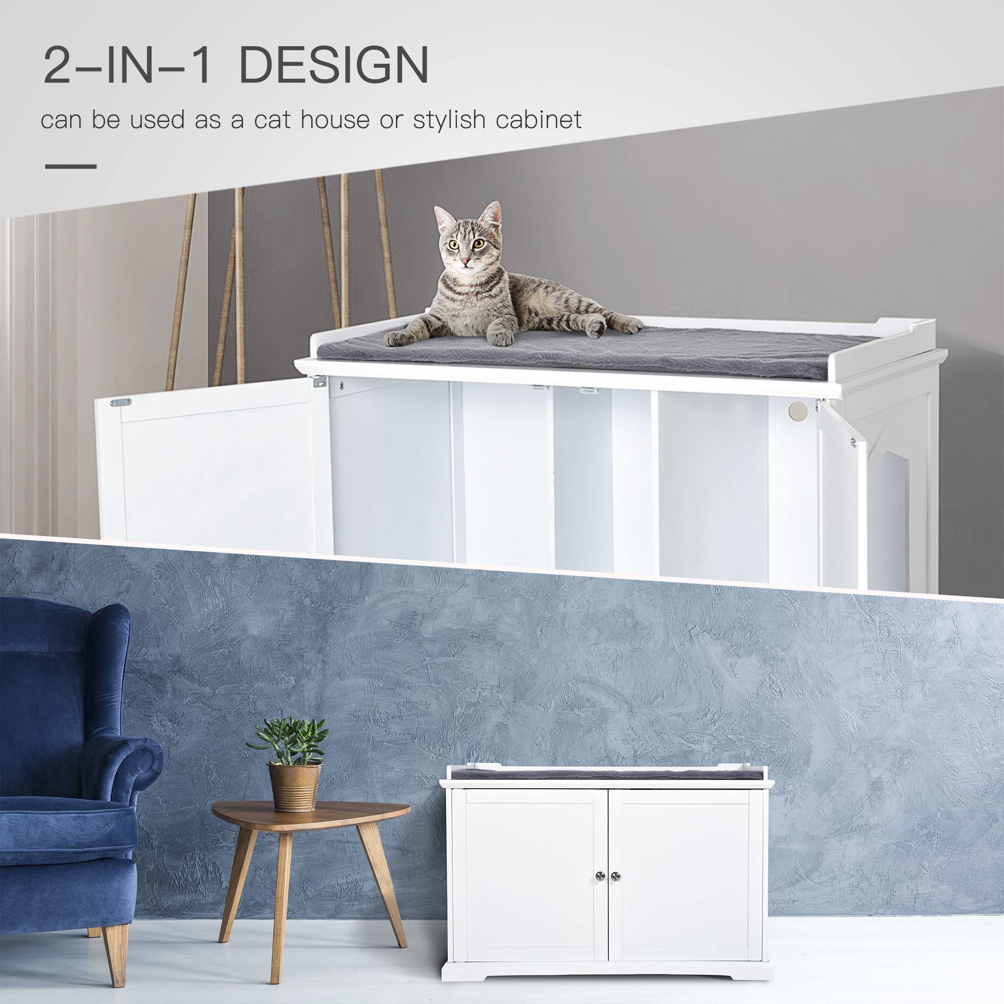 PawHut 37.5" Wooden Covered Mess Free Cat Litter Box End Table Hideaway Cabinet with Storage for Accessories, White