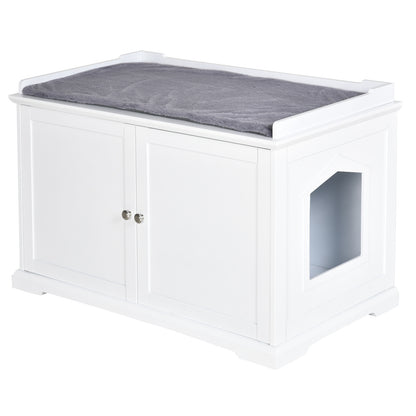 PawHut 37.5" Wooden Covered Mess Free Cat Litter Box End Table Hideaway Cabinet with Storage for Accessories, White