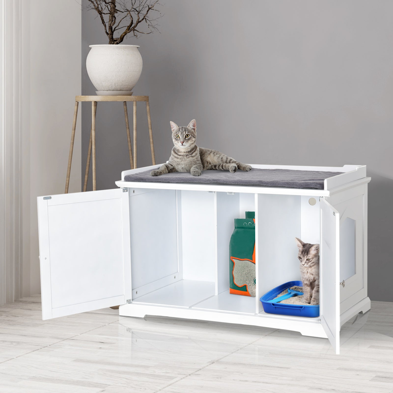 PawHut 37.5" Wooden Covered Mess Free Cat Litter Box End Table Hideaway Cabinet with Storage for Accessories, White