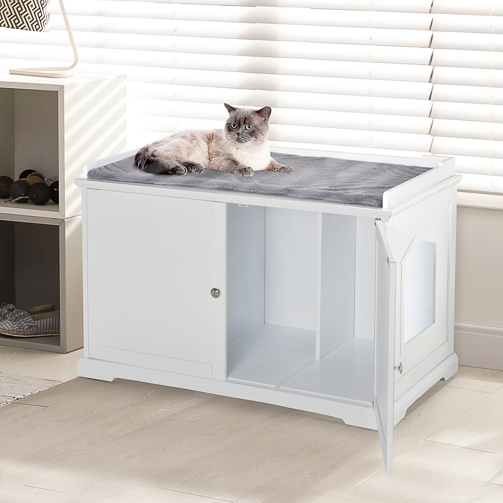 PawHut 37.5" Wooden Covered Mess Free Cat Litter Box End Table Hideaway Cabinet with Storage for Accessories, White