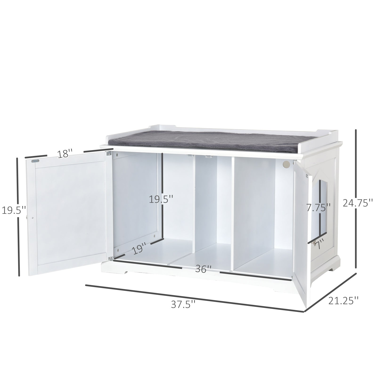 PawHut 37.5" Wooden Covered Mess Free Cat Litter Box End Table Hideaway Cabinet with Storage for Accessories, White