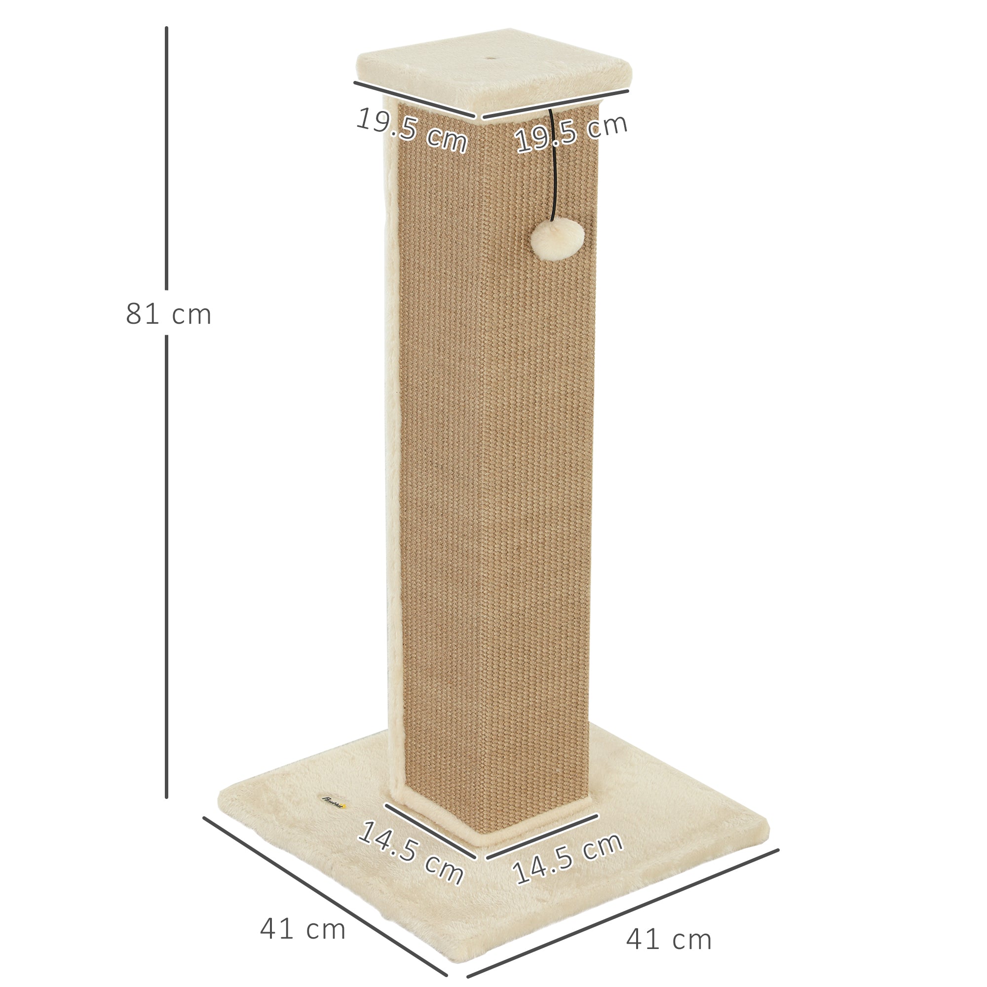 PawHut Cat Scratching Post for Indoor Cats, 81cm Cat Scratcher, Vertical Full Scratcher with Natural Jute Rope, Hanging Ball and Soft Plush, Beige