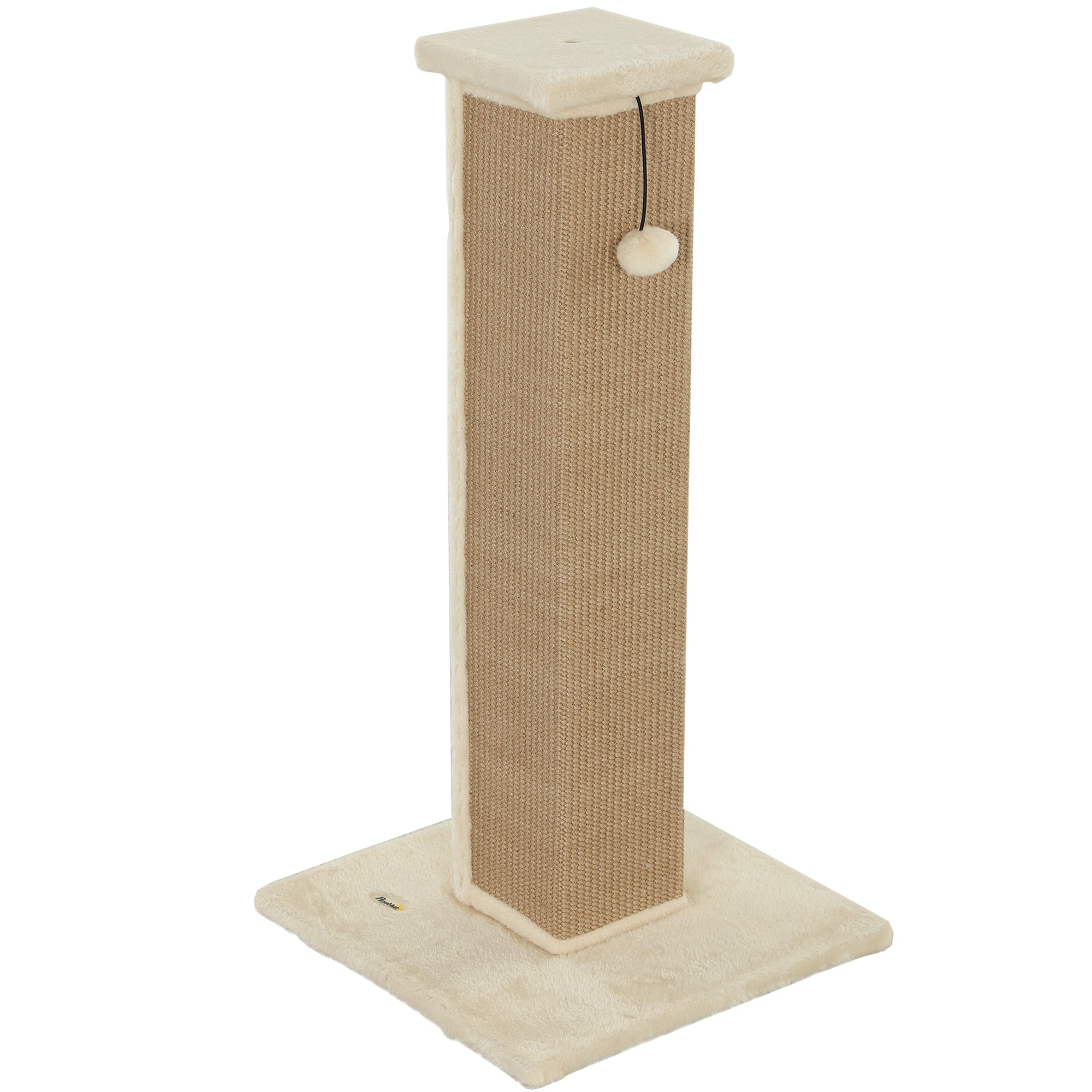 PawHut Cat Scratching Post for Indoor Cats, 81cm Cat Scratcher, Vertical Full Scratcher with Natural Jute Rope, Hanging Ball and Soft Plush, Beige