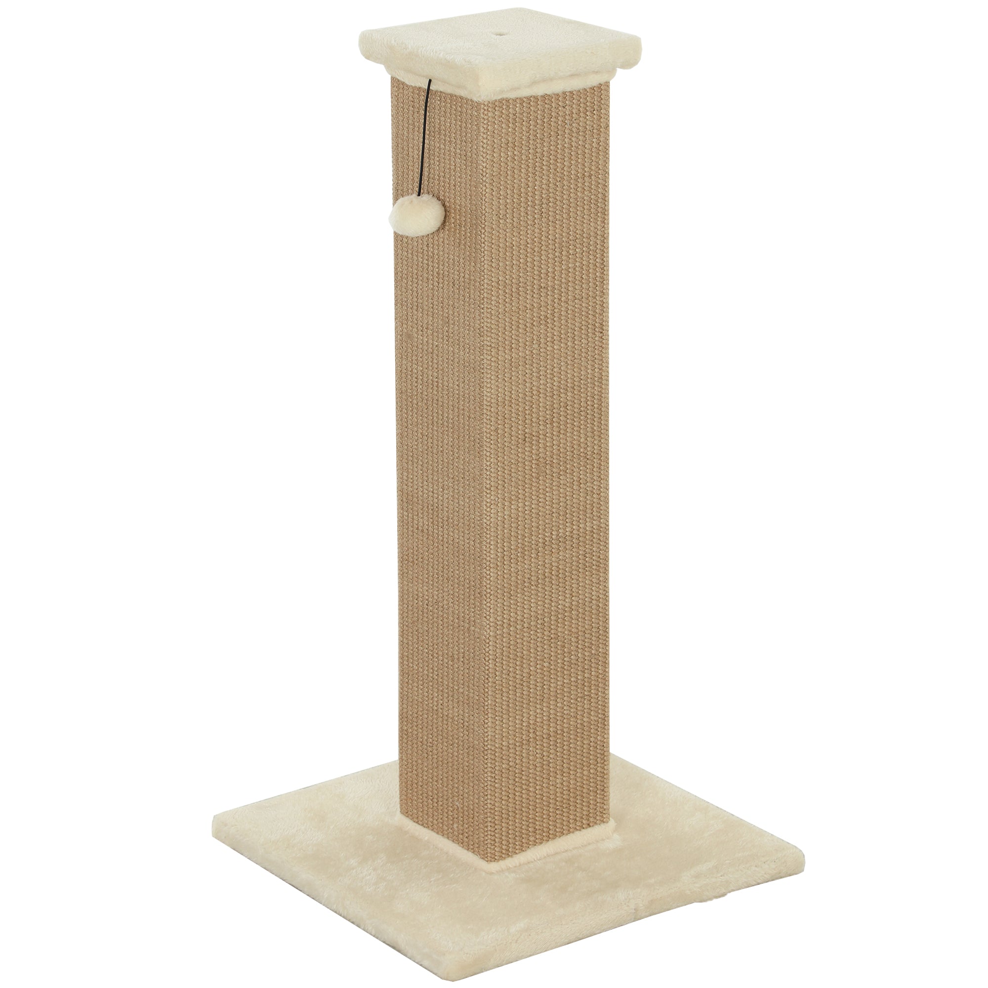 PawHut Cat Scratching Post for Indoor Cats, 81cm Cat Scratcher, Vertical Full Scratcher with Natural Jute Rope, Hanging Ball and Soft Plush, Beige