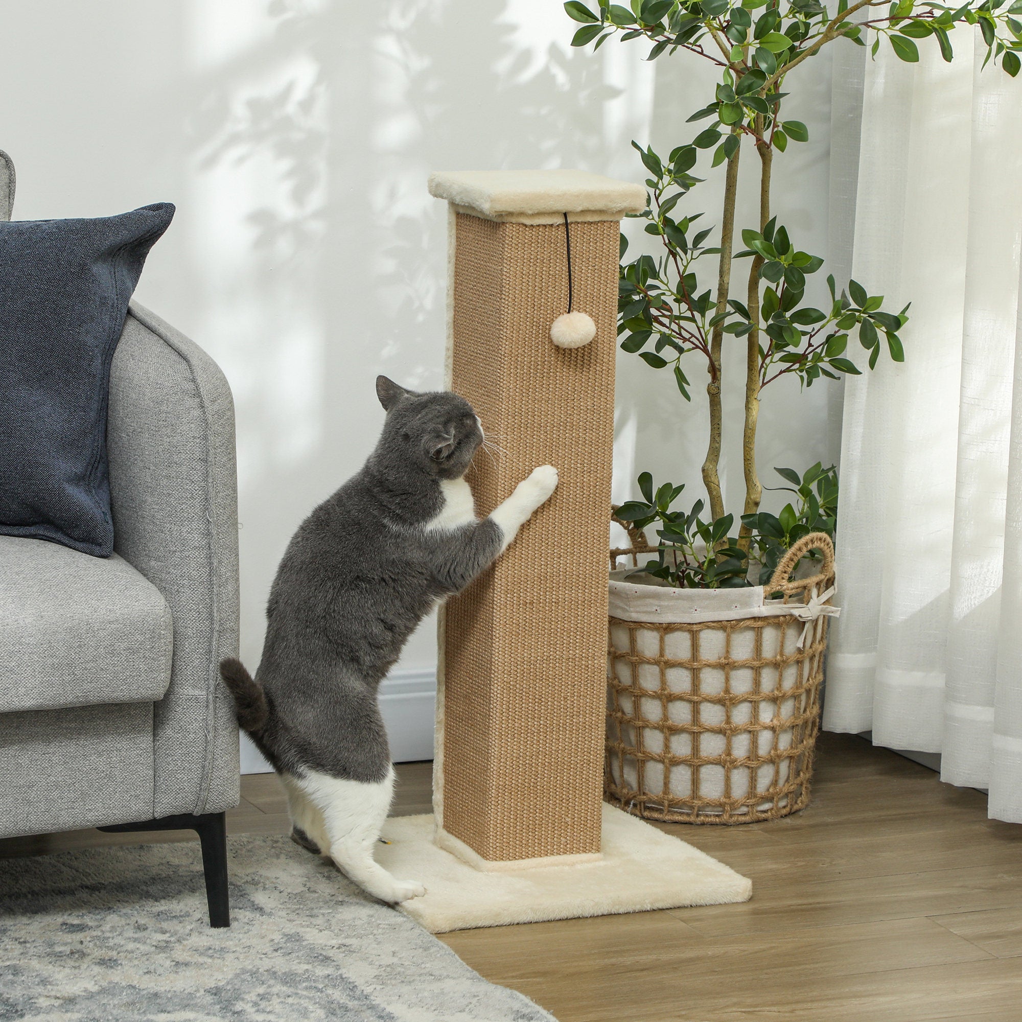 PawHut Cat Scratching Post for Indoor Cats, 81cm Cat Scratcher, Vertical Full Scratcher with Natural Jute Rope, Hanging Ball and Soft Plush, Beige