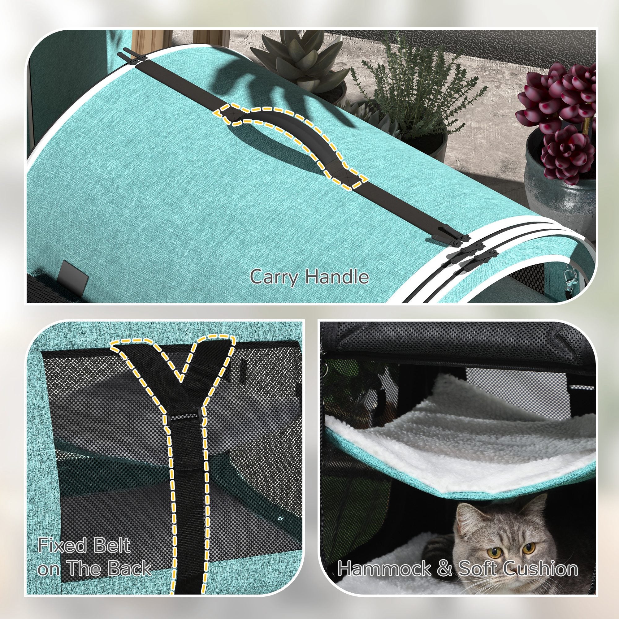 PawHut 39" Portable Soft-Sided Cat Carrier, Travel Pet Carrier with Divider, Two Compartments, Soft Cushions, & Storage Bag, Green