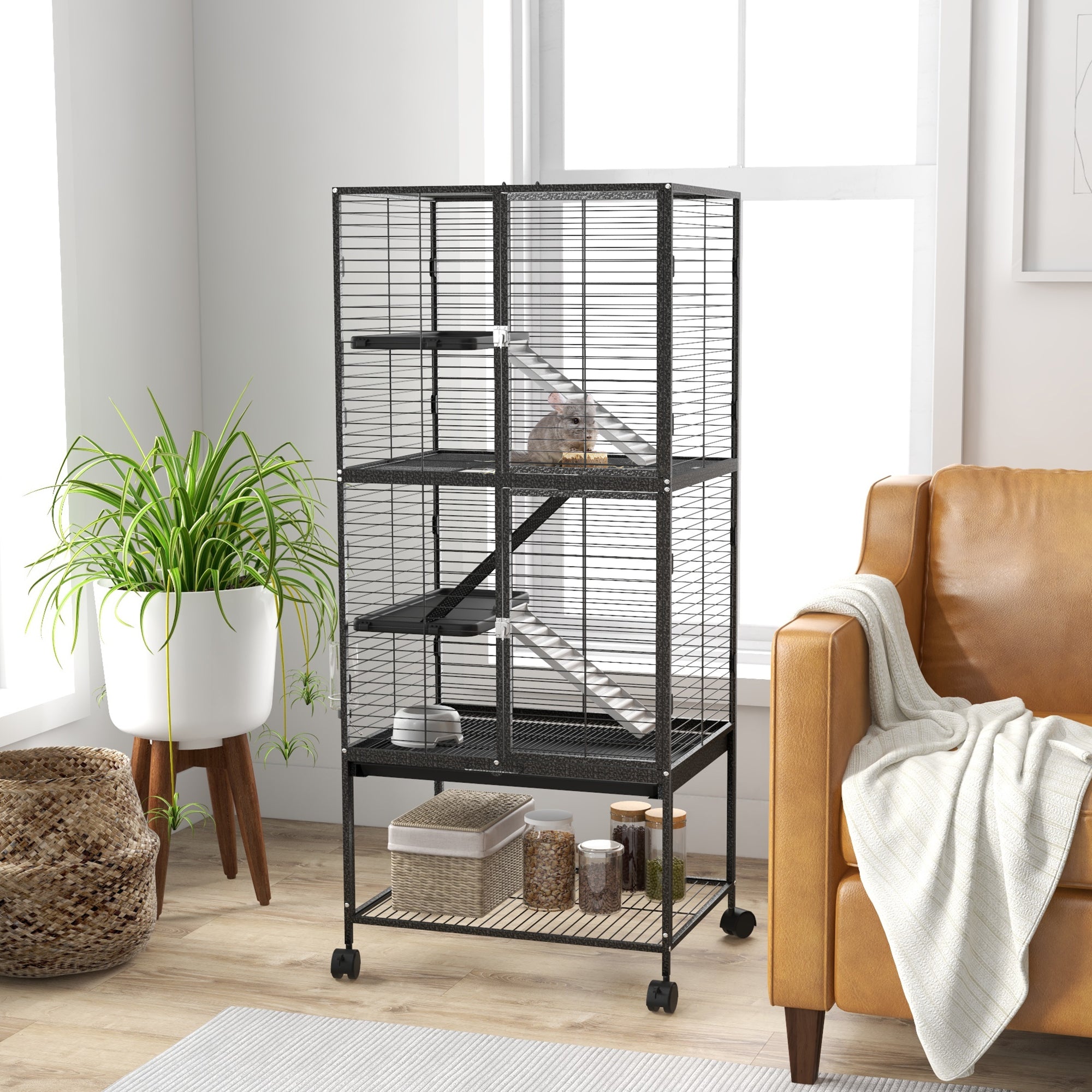 PawHut Small Animal Cage with Wheels, Pet Playpen for Rat, Kitten, Ferrets, Chinchillas with Bottom Storage Shelf, Removable Tray, Ramp, 24.2