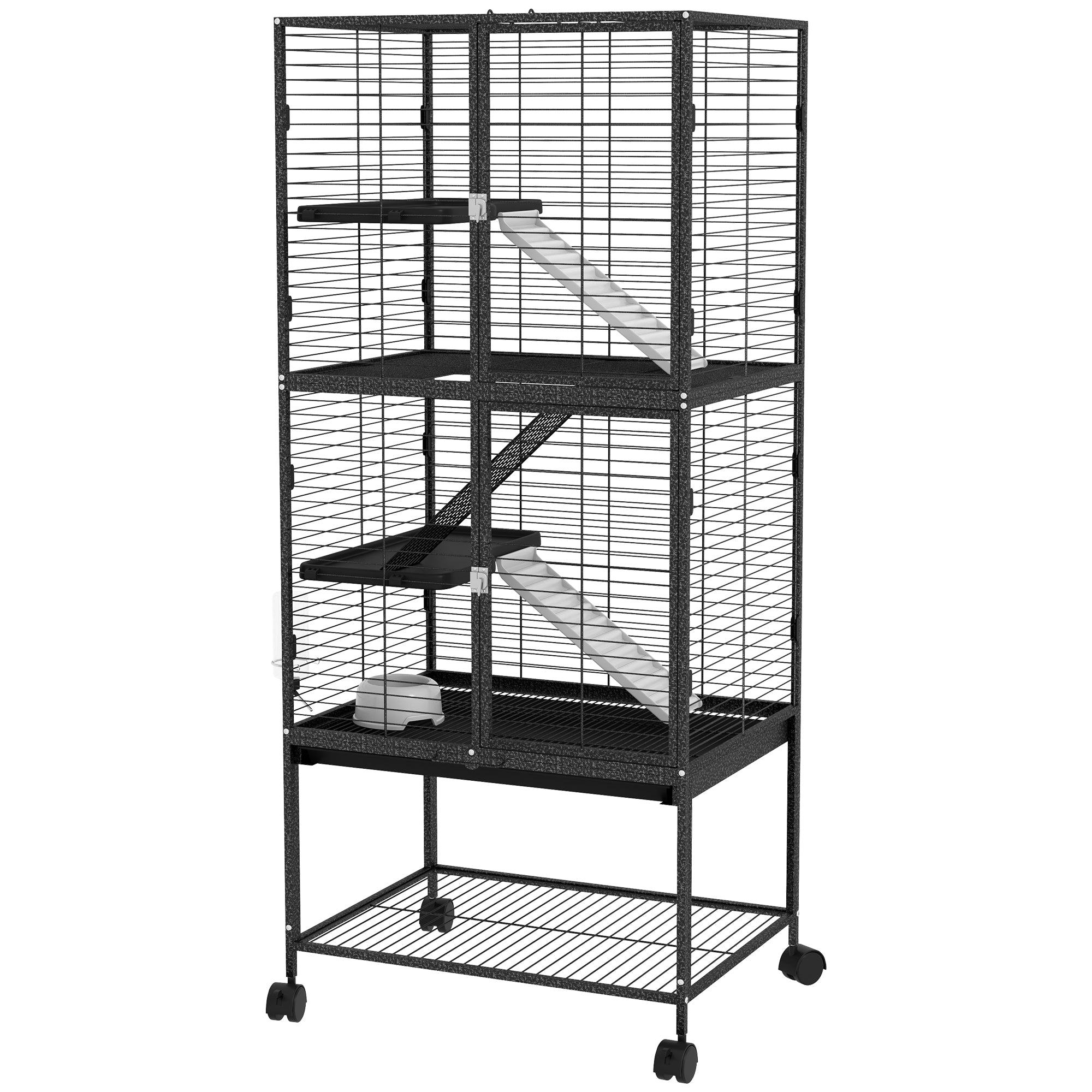 PawHut Ferret Cage Rolling Small Animal Cage 4 Levels Pet Cage 136cm Height for Chinchillas, Squirrels with 3 Doors, Storage Shelf, Tray, Bowl, Water Bottle, Ramps - Charcoal Grey