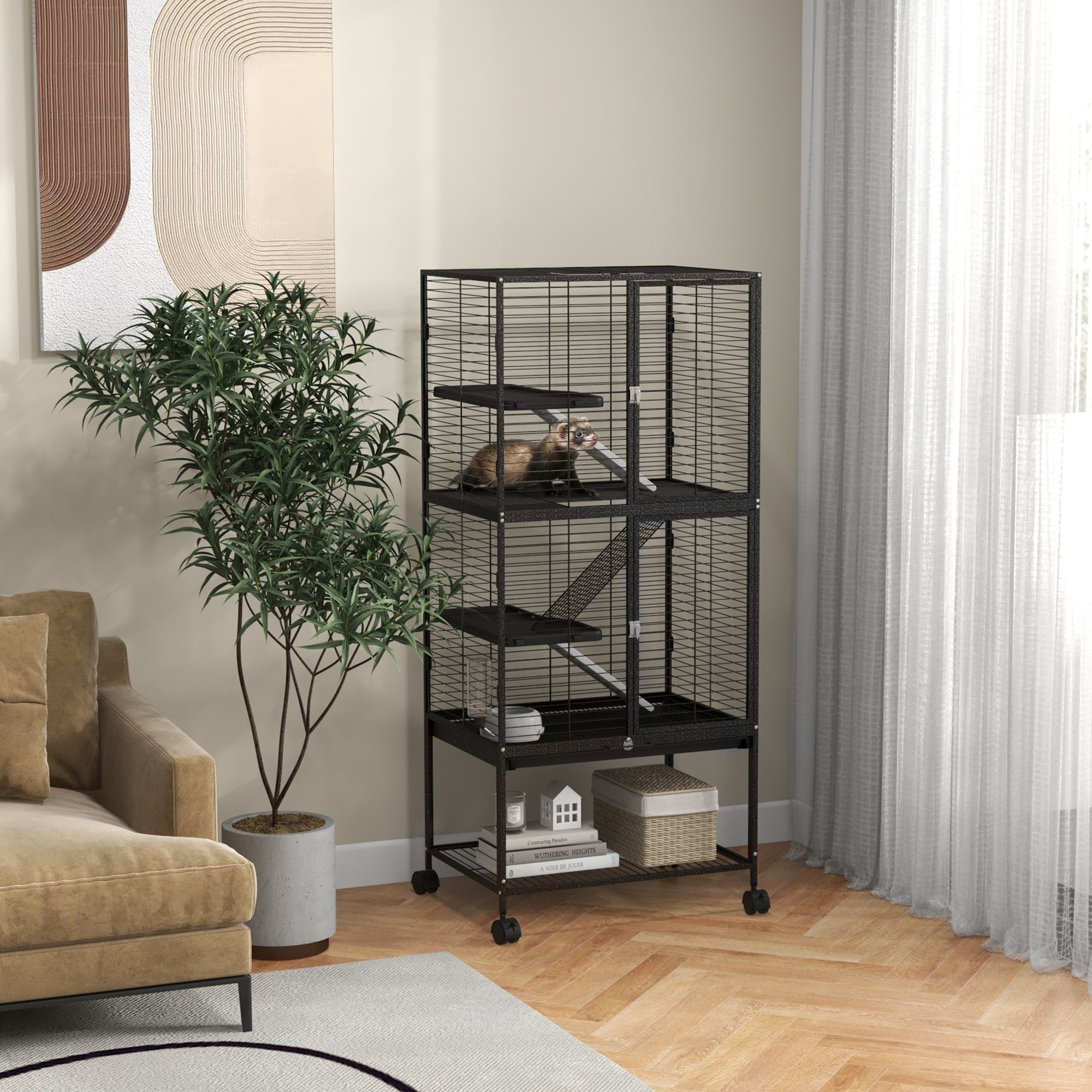 PawHut Small Animal Cage with Wheels, Pet Playpen for Rat, Kitten, Ferrets, Chinchillas with Bottom Storage Shelf, Removable Tray, Ramp, 24.2" x 17.9" x 53.5", Dark Grey
