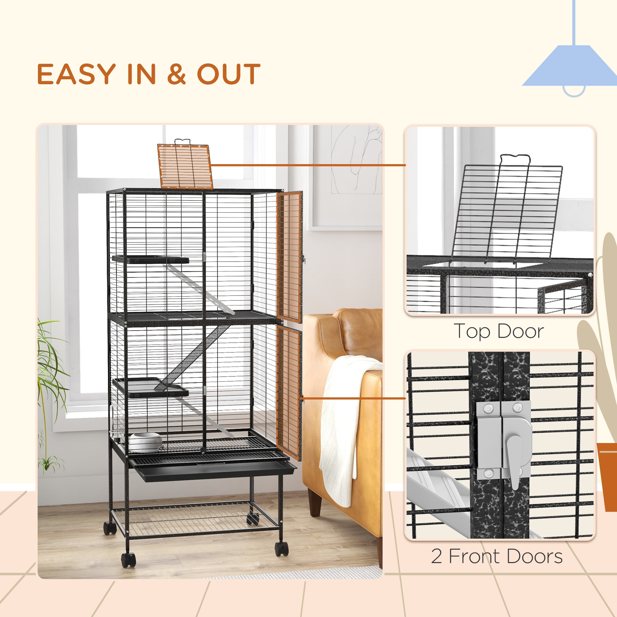PawHut Small Animal Cage with Wheels, Pet Playpen for Rat, Kitten, Ferrets, Chinchillas with Bottom Storage Shelf, Removable Tray, Ramp, 24.2