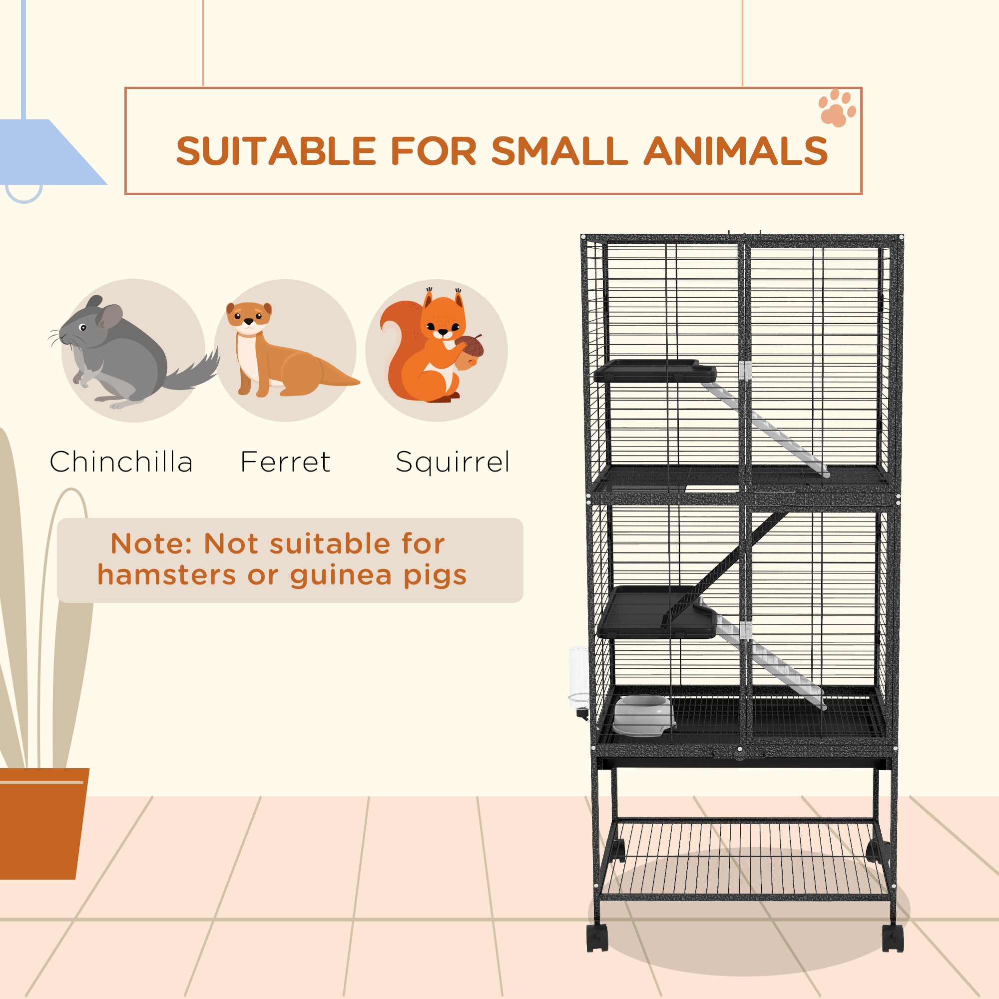 PawHut Small Animal Cage with Wheels, Pet Playpen for Rat, Kitten, Ferrets, Chinchillas with Bottom Storage Shelf, Removable Tray, Ramp, 24.2