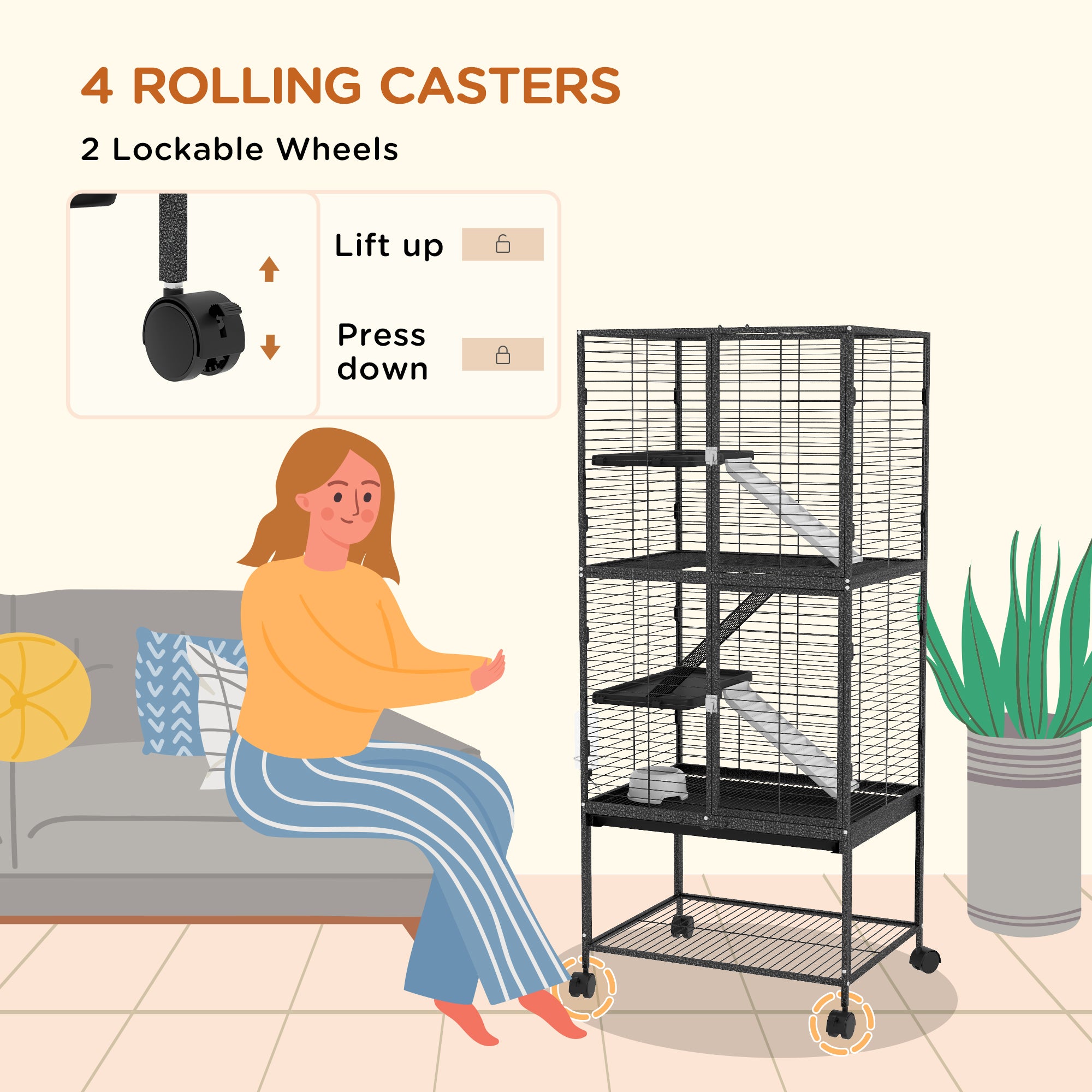 PawHut Small Animal Cage with Wheels, Pet Playpen for Rat, Kitten, Ferrets, Chinchillas with Bottom Storage Shelf, Removable Tray, Ramp, 24.2