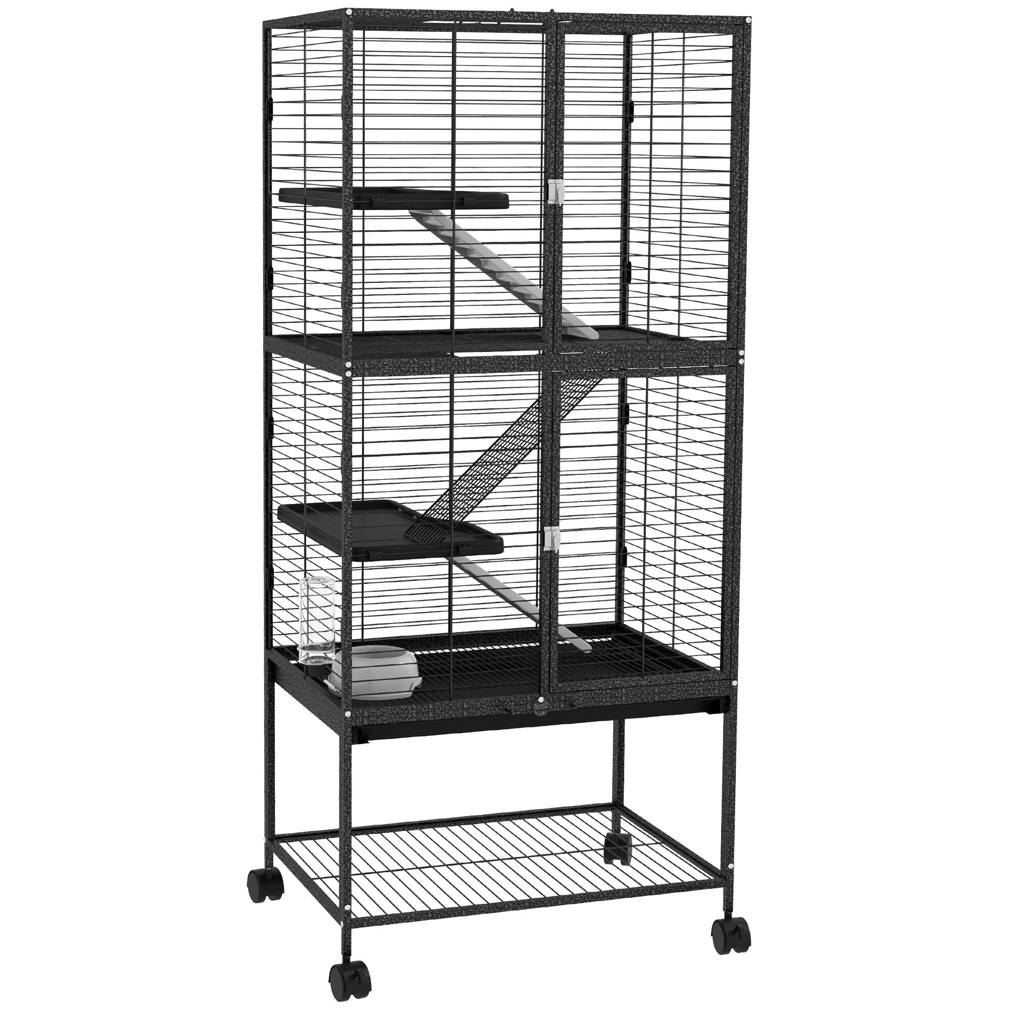 PawHut Small Animal Cage with Wheels, Pet Playpen for Rat, Kitten, Ferrets, Chinchillas with Bottom Storage Shelf, Removable Tray, Ramp, 24.2