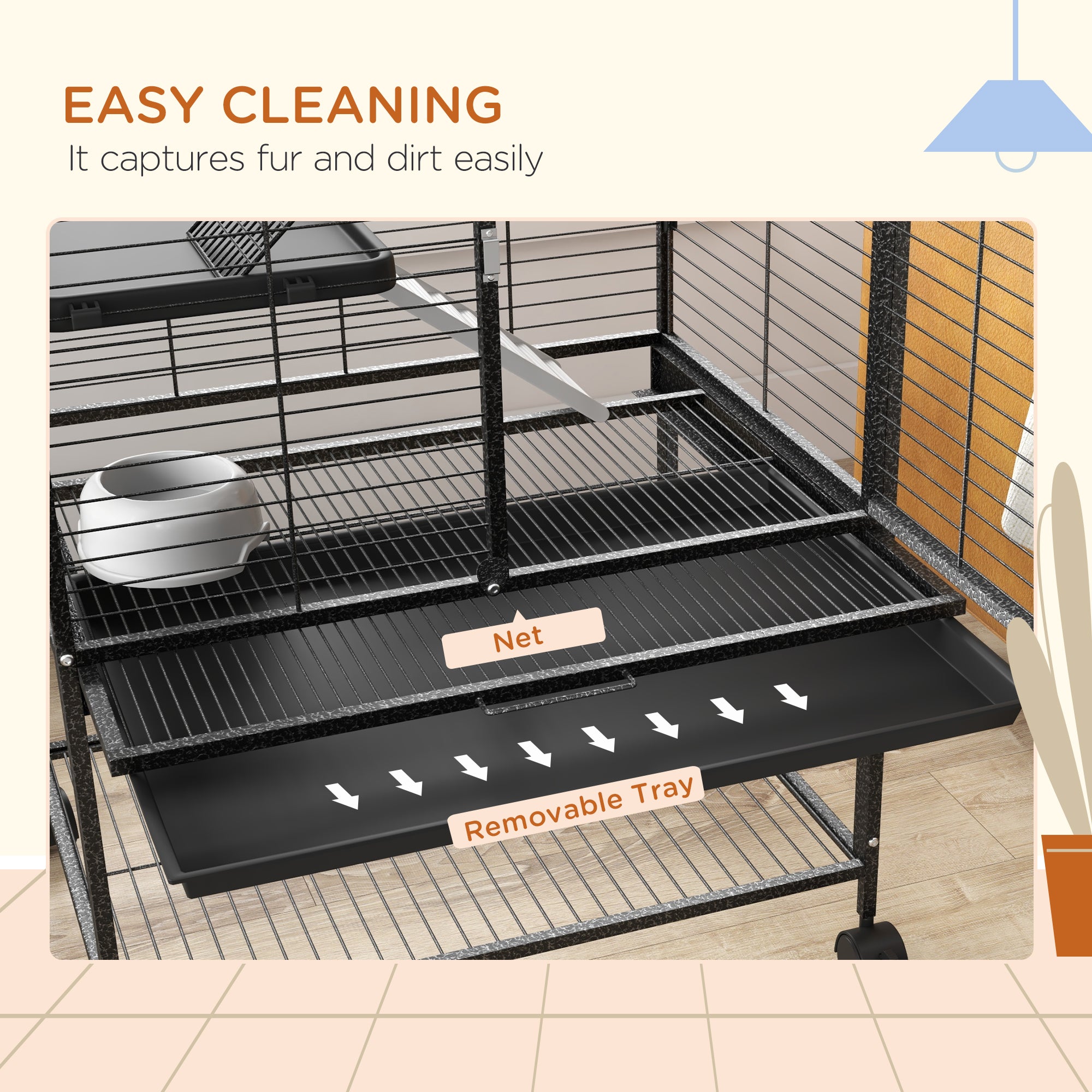 PawHut Small Animal Cage with Wheels, Pet Playpen for Rat, Kitten, Ferrets, Chinchillas with Bottom Storage Shelf, Removable Tray, Ramp, 24.2