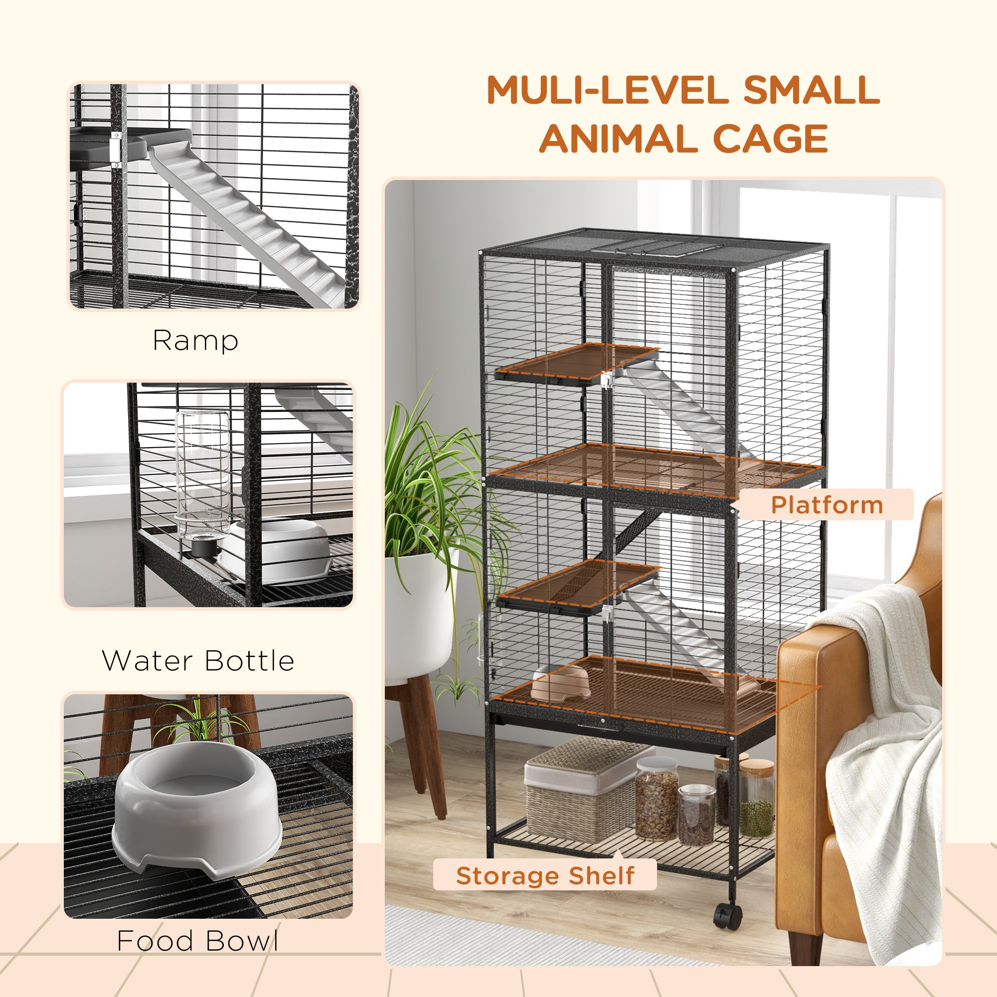 PawHut Small Animal Cage with Wheels, Pet Playpen for Rat, Kitten, Ferrets, Chinchillas with Bottom Storage Shelf, Removable Tray, Ramp, 24.2