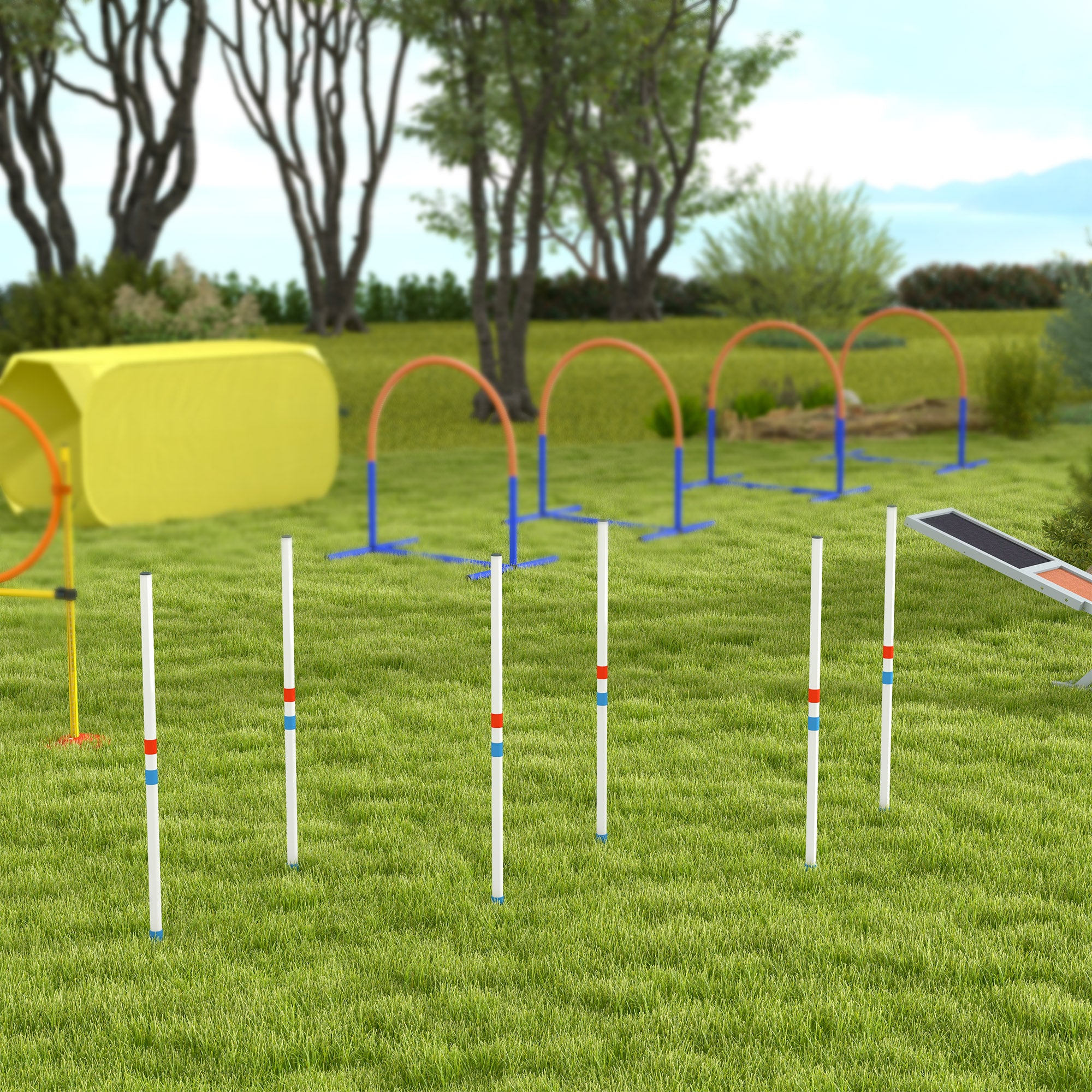 PawHut Adjustable Dog Agility Training Obstacle Set with Weaves Poles and Storage Bag for Pet Dogs Outdoor Games Exercise Blue and White