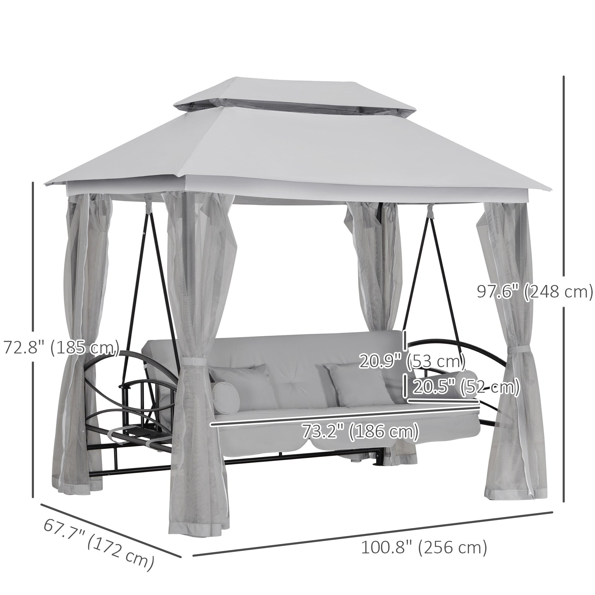 Outsunny 3 Person Outdoor Patio Daybed, 3 in 1 Canopy Gazebo Swing Chair Garden Hammock with Sun Shade, Mesh Mosquito and Net, Grey