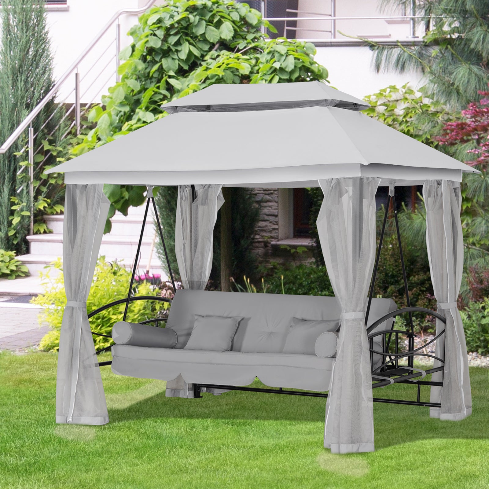 Outsunny 3 Person Outdoor Patio Daybed, 3 in 1 Canopy Gazebo Swing Chair Garden Hammock with Sun Shade, Mesh Mosquito and Net, Grey
