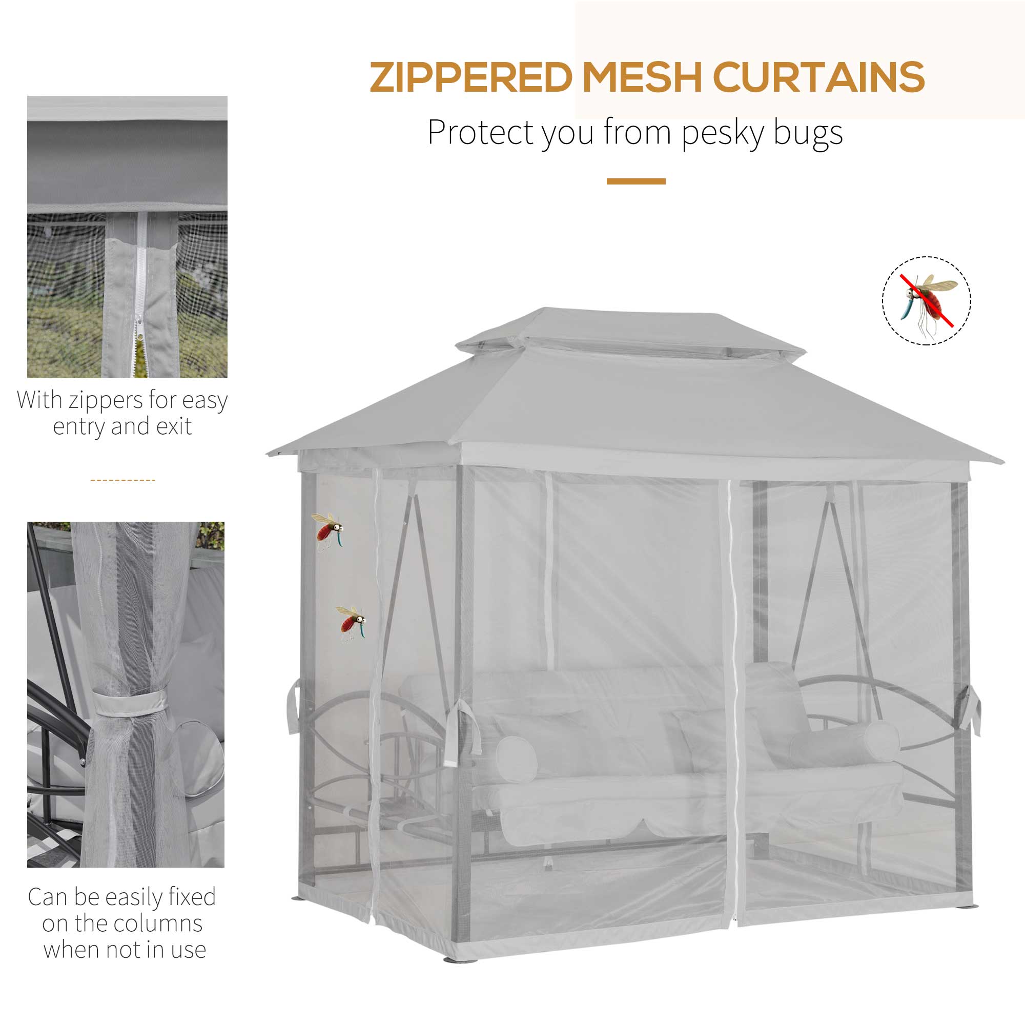 Outsunny 3 Person Outdoor Patio Daybed, 3 in 1 Canopy Gazebo Swing Chair Garden Hammock with Sun Shade, Mesh Mosquito and Net, Grey