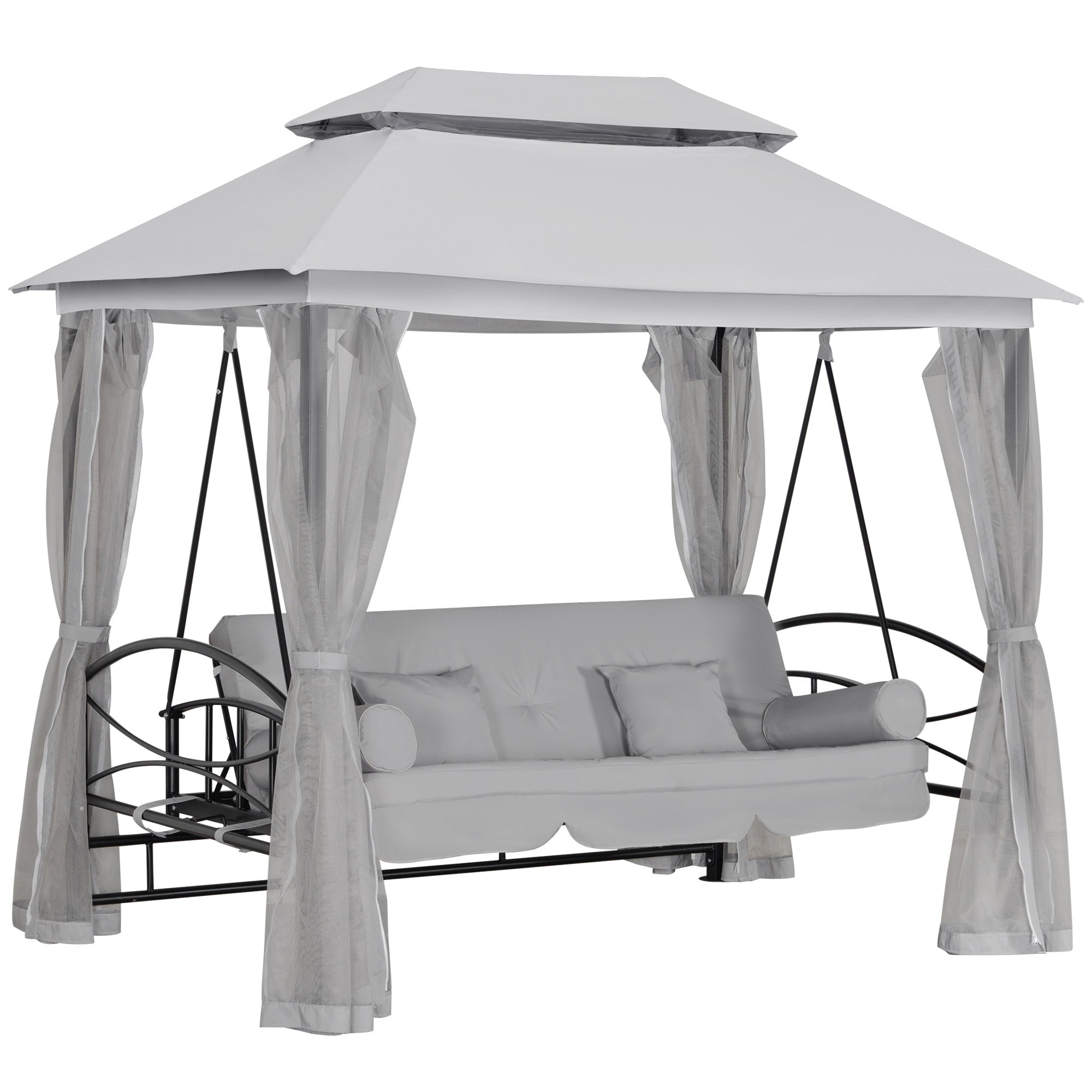 Outsunny 3 Person Outdoor Patio Daybed, 3 in 1 Canopy Gazebo Swing Chair Garden Hammock with Sun Shade, Mesh Mosquito and Net, Grey