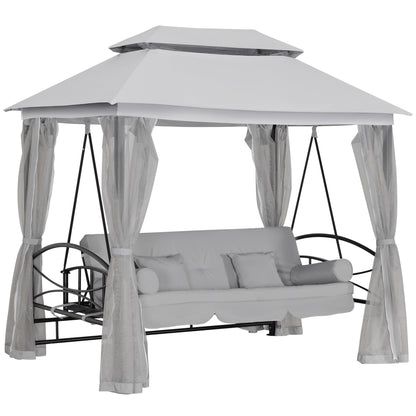 Outsunny 3 Person Outdoor Patio Daybed, 3 in 1 Canopy Gazebo Swing Chair Garden Hammock with Sun Shade, Mesh Mosquito and Net, Grey