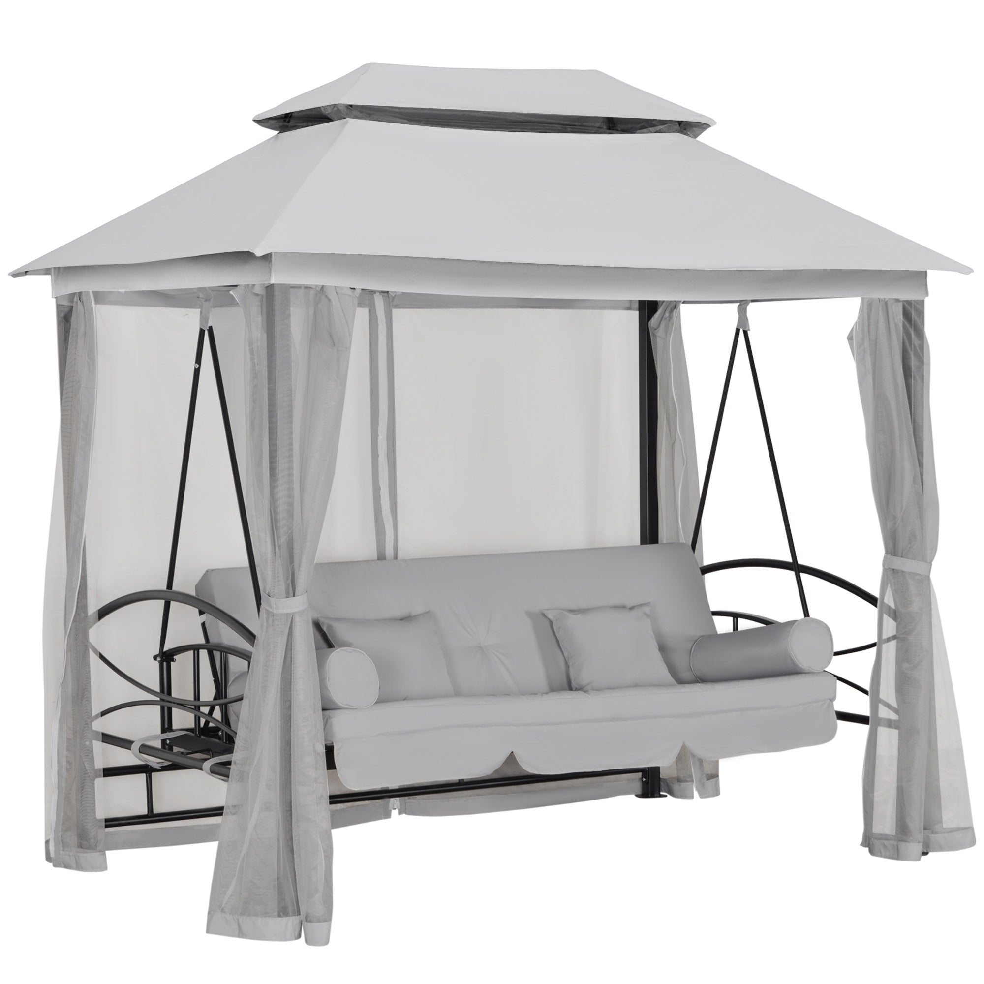 Outsunny 3 Person Outdoor Patio Daybed, 3 in 1 Canopy Gazebo Swing Chair Garden Hammock with Sun Shade, Mesh Mosquito and Net, Grey