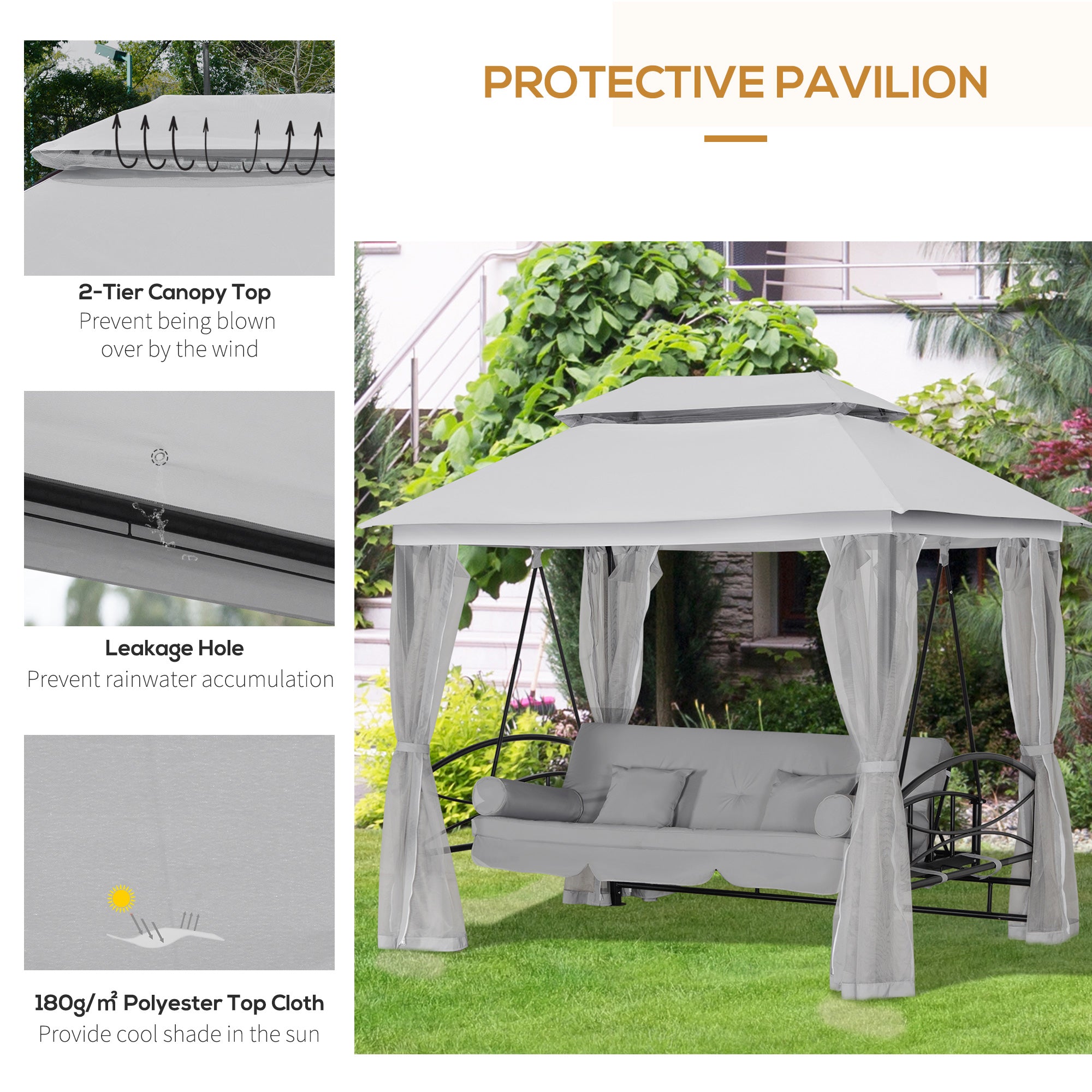 Outsunny 3 Person Outdoor Patio Daybed, 3 in 1 Canopy Gazebo Swing Chair Garden Hammock with Sun Shade, Mesh Mosquito and Net, Grey