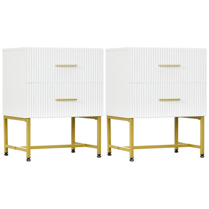 HOMCOM Modern Nightstands Set of 2, Bedside Tables with 2 Drawers and Fluted Panels, End Tables with Storage and Gold Legs for Bedroom, White