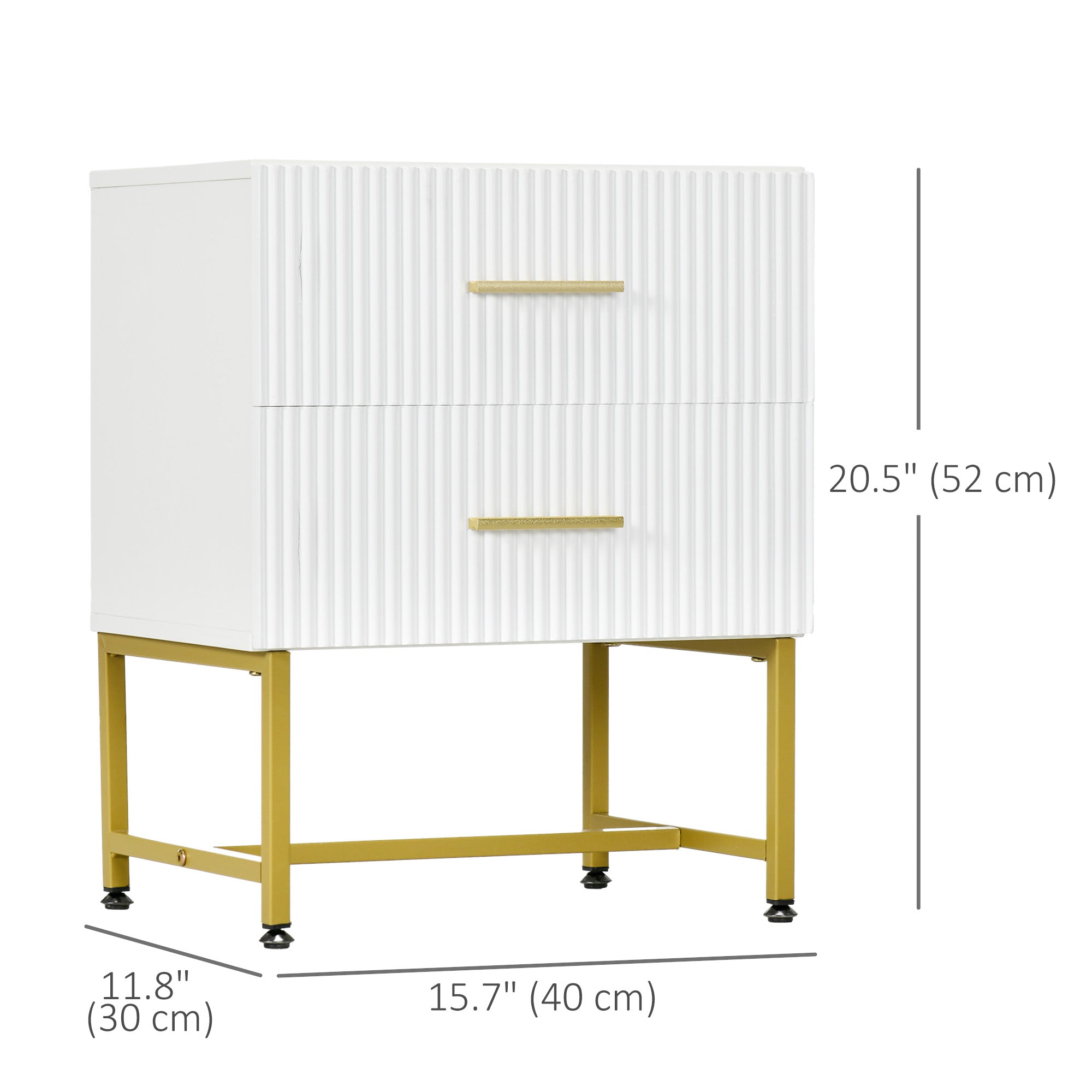 HOMCOM Modern Nightstands Set of 2, Bedside Tables with 2 Drawers and Fluted Panels, End Tables with Storage and Gold Legs for Bedroom, White