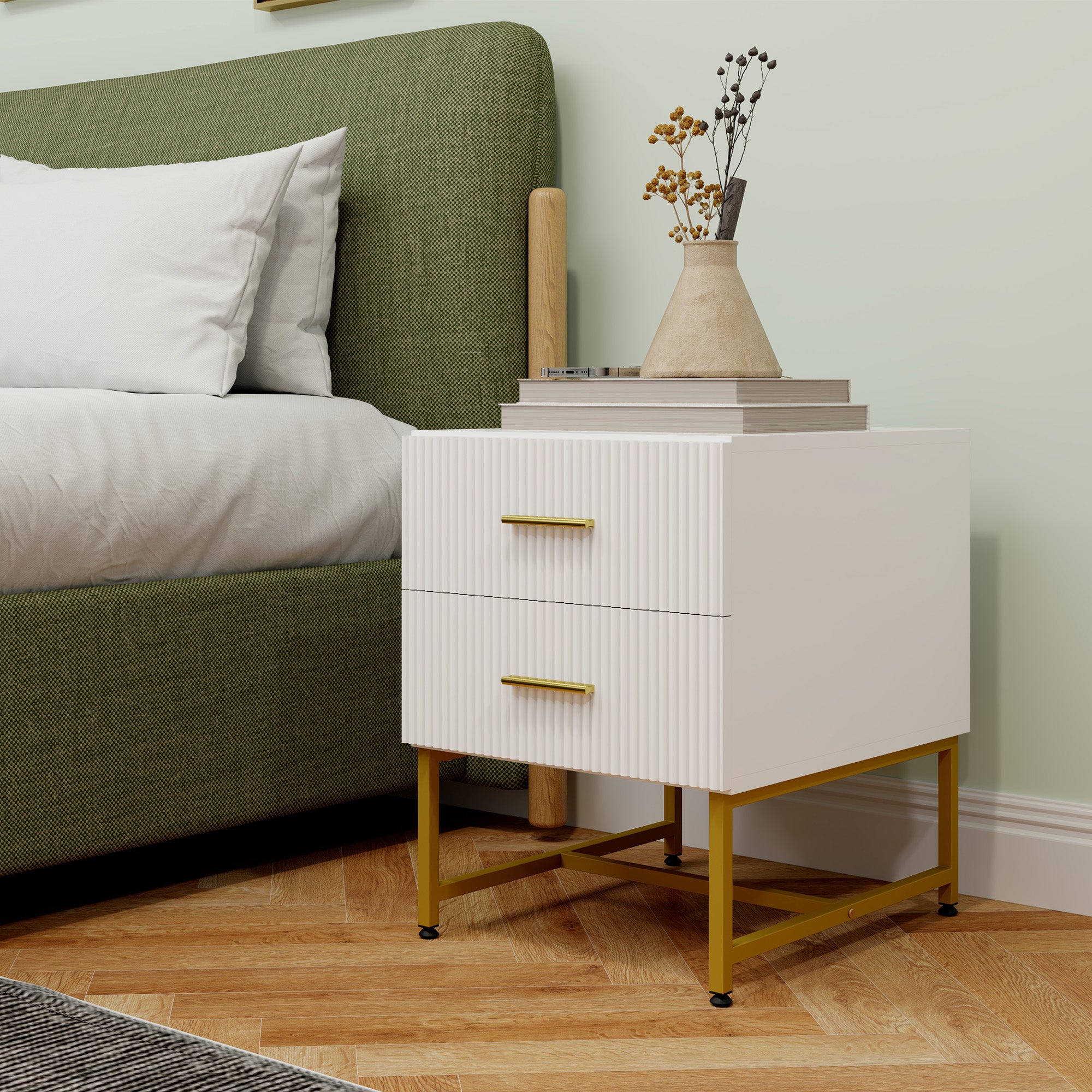 HOMCOM Modern Nightstands Set of 2, Bedside Tables with 2 Drawers and Fluted Panels, End Tables with Storage and Gold Legs for Bedroom, White