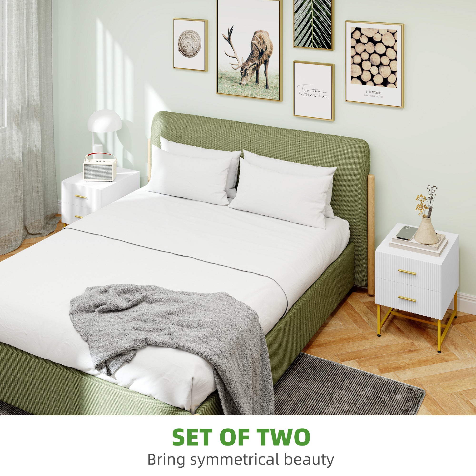 HOMCOM Modern Nightstands Set of 2, Bedside Tables with 2 Drawers and Fluted Panels, End Tables with Storage and Gold Legs for Bedroom, White