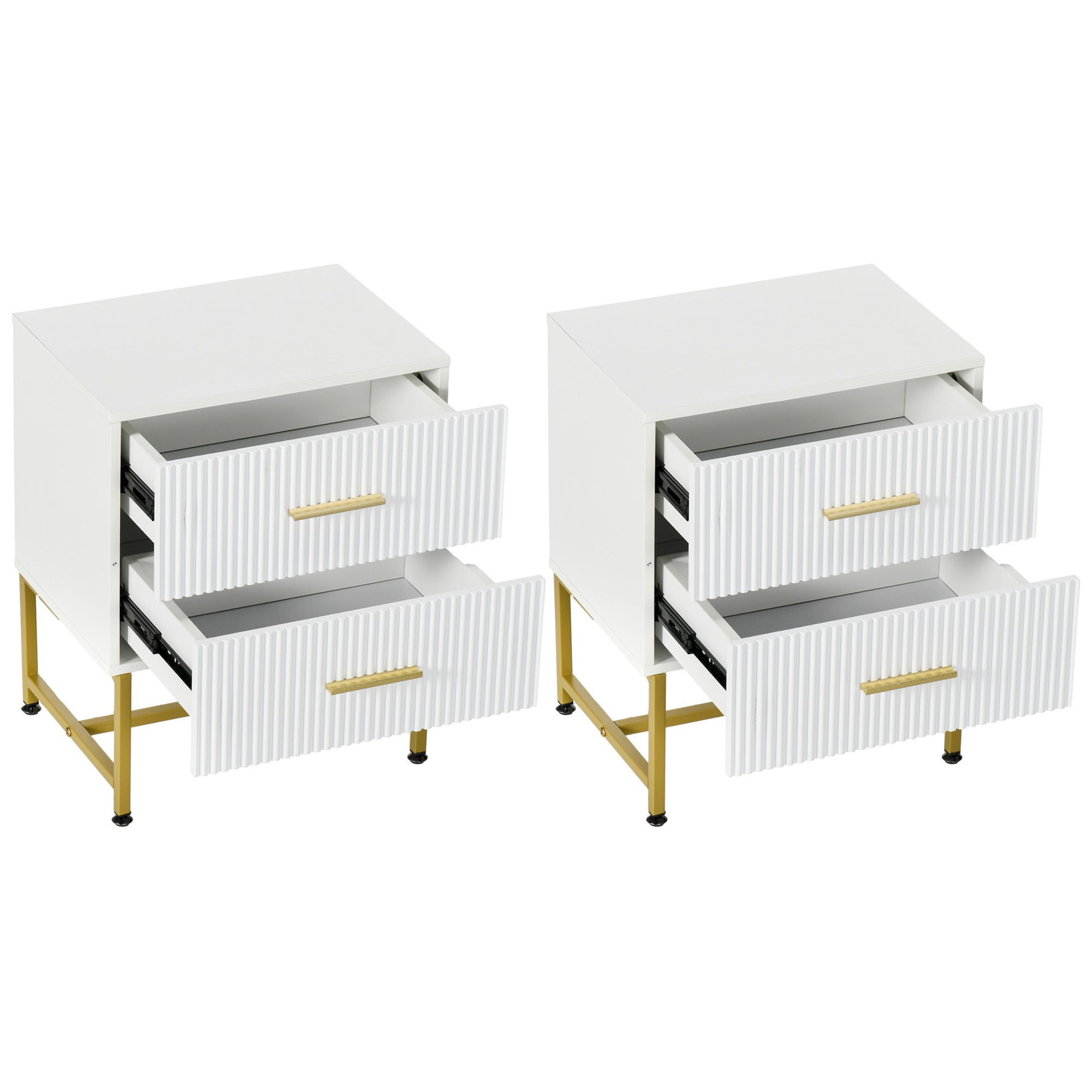 HOMCOM Modern Nightstands Set of 2, Bedside Tables with 2 Drawers and Fluted Panels, End Tables with Storage and Gold Legs for Bedroom, White