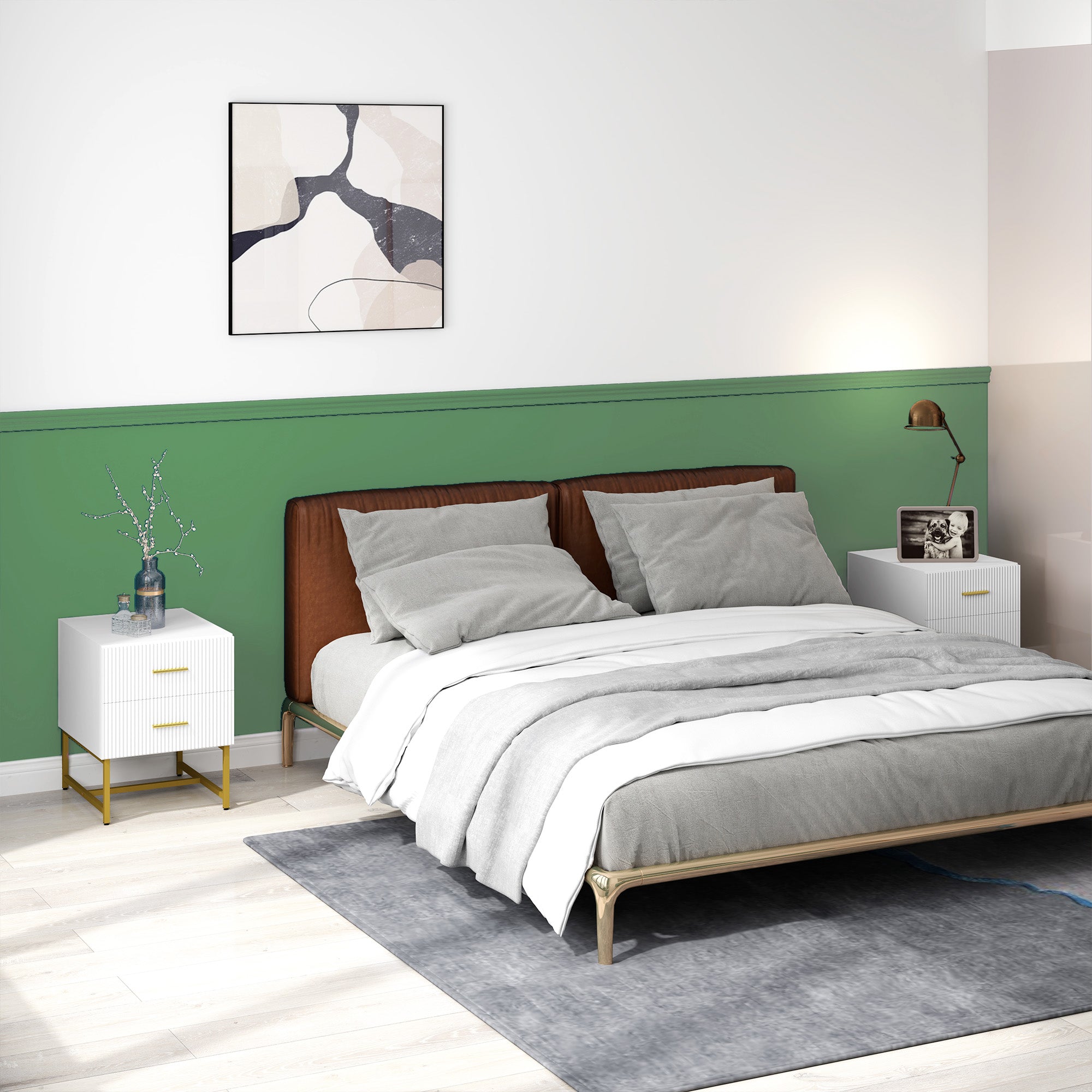 HOMCOM Modern Nightstands Set of 2, Bedside Tables with 2 Drawers and Fluted Panels, End Tables with Storage and Gold Legs for Bedroom, White