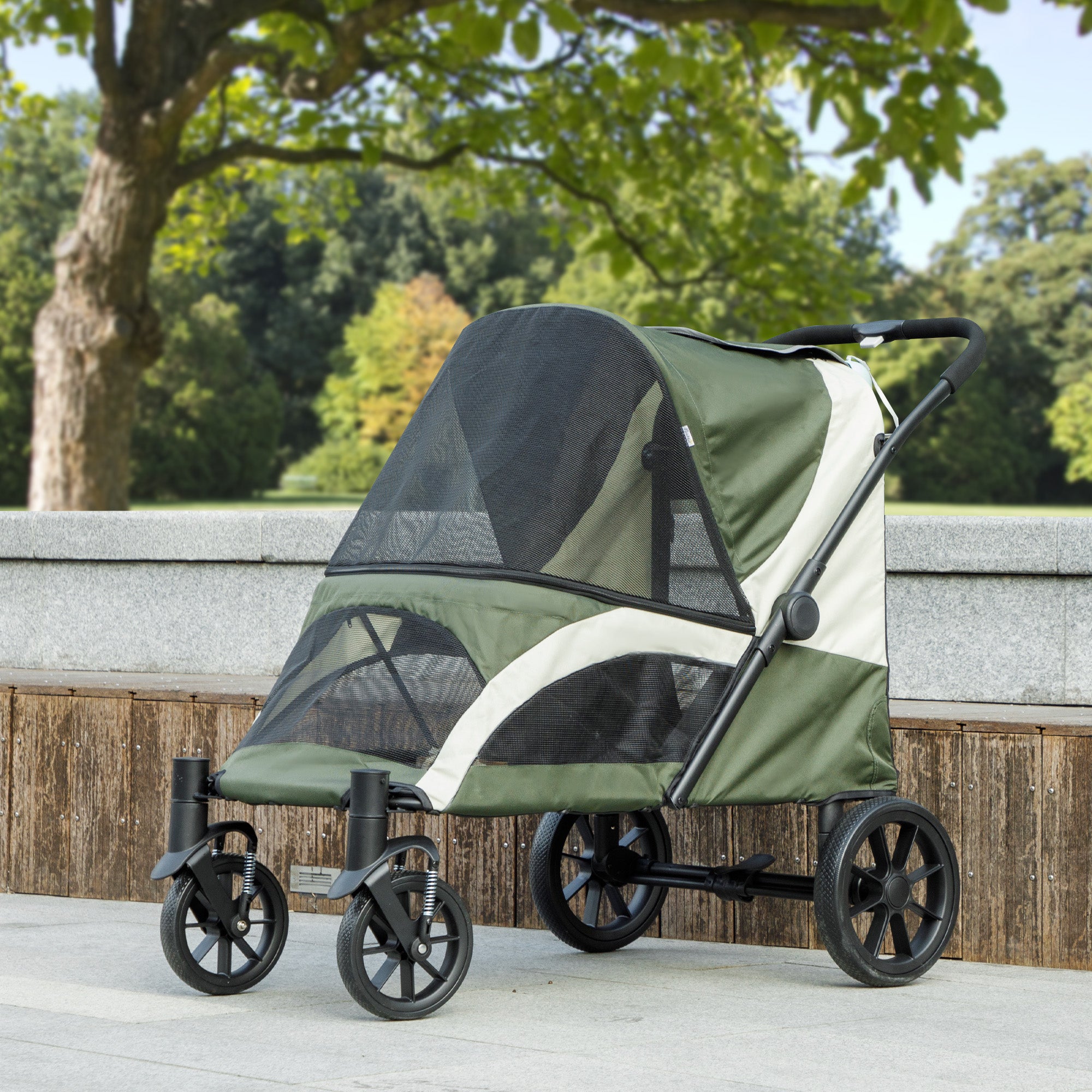 PawHut Dog Stroller, Easy Folding Pet Stroller for Large Dogs, Dog Pram Pet Pushchair with 4 Big Wheels, Shock Absorb Frame, Safety Leashes, Brakes, Dark Green
