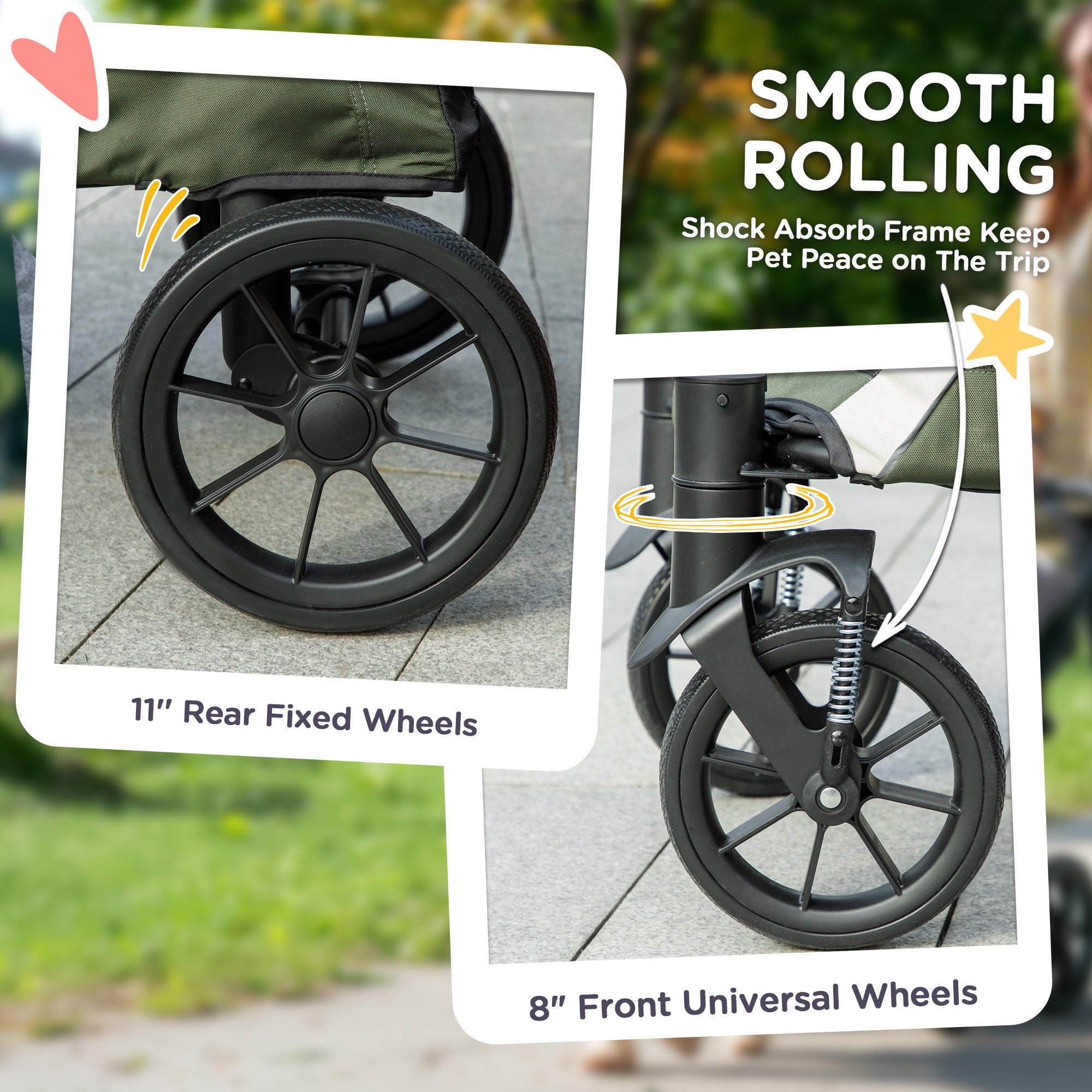 PawHut Dog Stroller, Easy Folding Pet Stroller for Large Dogs, Dog Pram Pet Pushchair with 4 Big Wheels, Shock Absorb Frame, Safety Leashes, Brakes, Dark Green