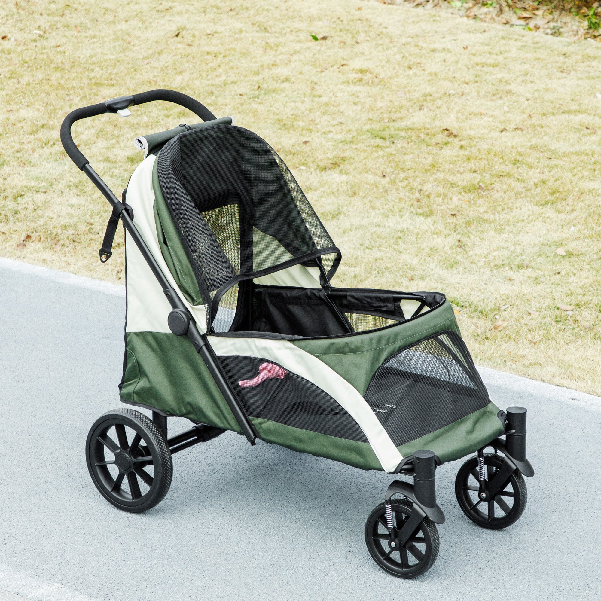 PawHut Dog Stroller, Easy Folding Pet Stroller for Large Dogs, Dog Pram Pet Pushchair with 4 Big Wheels, Shock Absorb Frame, Safety Leashes, Brakes, Dark Green