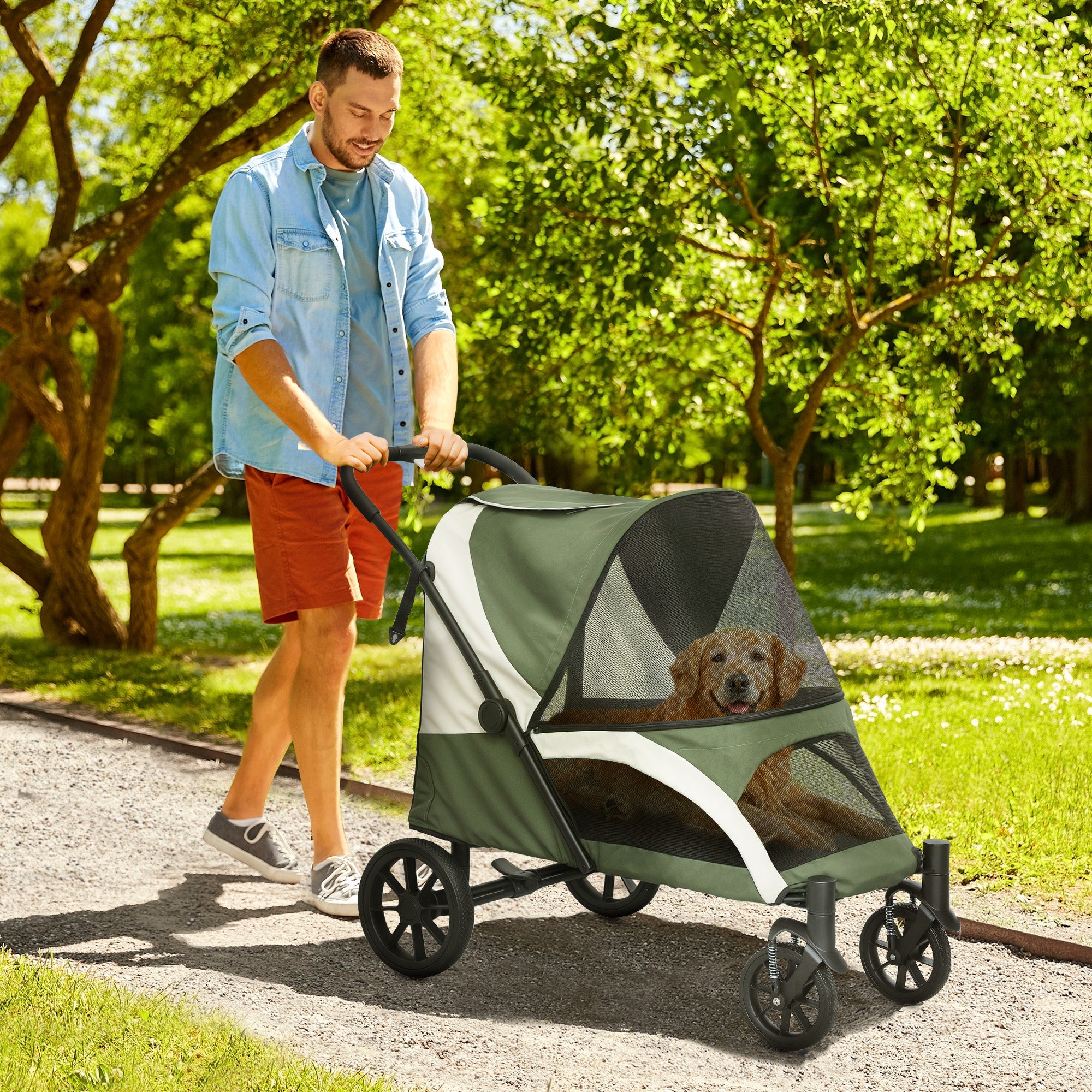 PawHut Dog Stroller, Easy Folding Pet Stroller for Large Dogs, Dog Pram Pet Pushchair with 4 Big Wheels, Shock Absorb Frame, Safety Leashes, Brakes, Dark Green