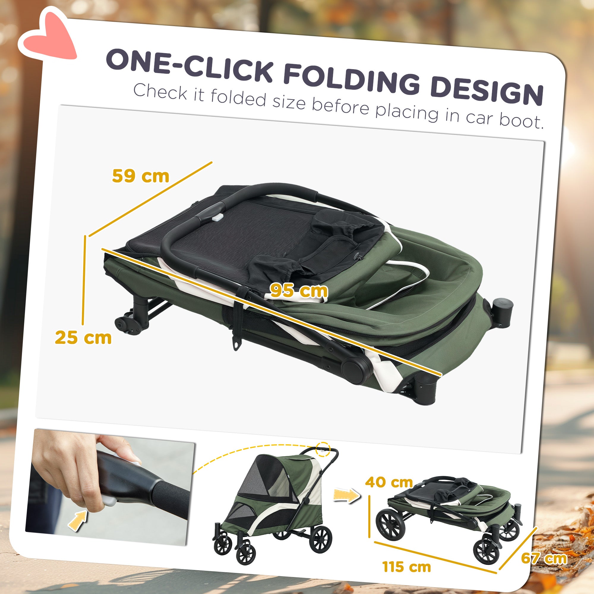 PawHut Dog Stroller, Easy Folding Pet Stroller for Large Dogs, Dog Pram Pet Pushchair with 4 Big Wheels, Shock Absorb Frame, Safety Leashes, Brakes, Dark Green