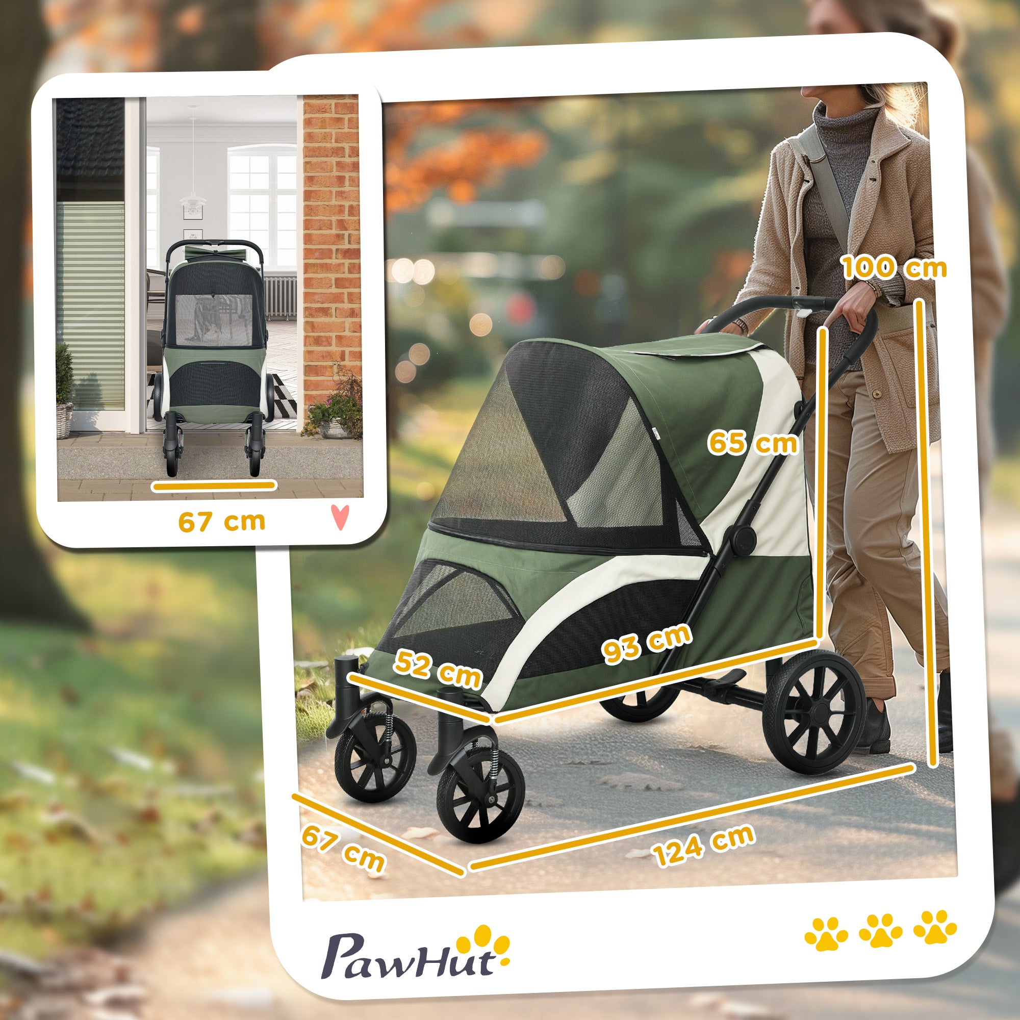 PawHut Dog Stroller, Easy Folding Pet Stroller for Large Dogs, Dog Pram Pet Pushchair with 4 Big Wheels, Shock Absorb Frame, Safety Leashes, Brakes, Dark Green