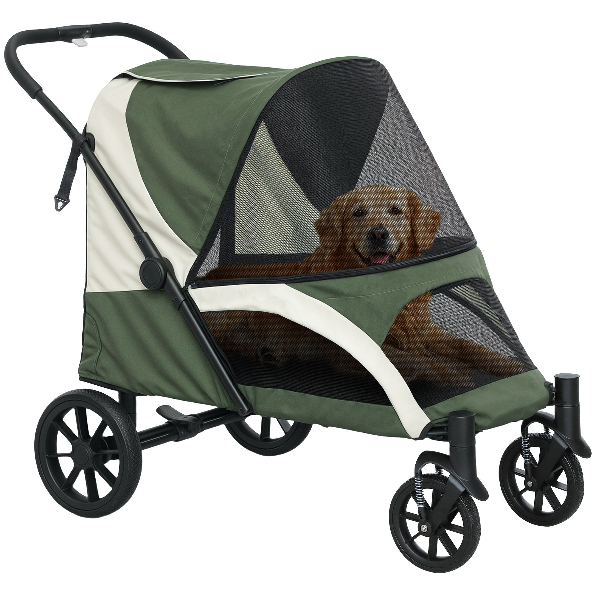 PawHut Dog Stroller, Easy Folding Pet Stroller for Large Dogs, Dog Pram Pet Pushchair with 4 Big Wheels, Shock Absorb Frame, Safety Leashes, Brakes, Dark Green
