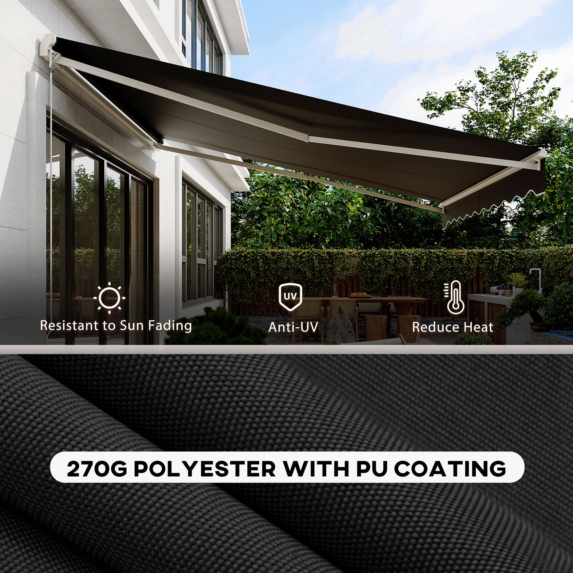 Outsunny 12' x 10' Electric Awning, Retractable Awning Sun Shade Shelter with Remote Controller, Manual Crank Handle and Aluminum Frame, for Deck, Balcony, Yard, Black