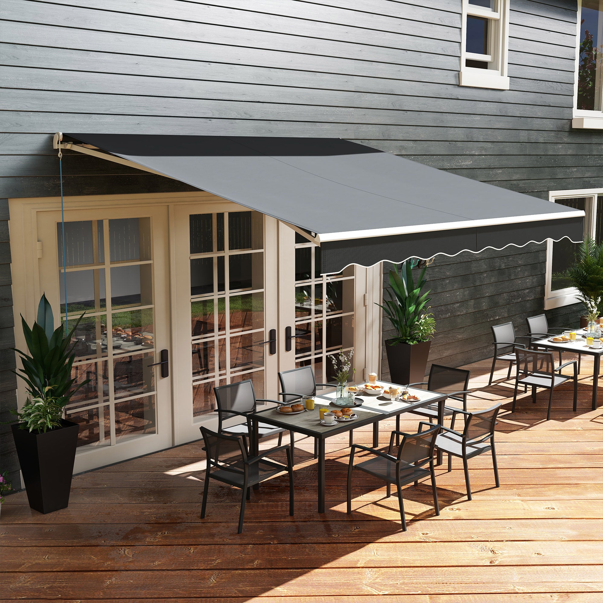 Outsunny 12' x 10' Electric Awning, Retractable Awning Sun Shade Shelter with Remote Controller, Manual Crank Handle and Aluminum Frame, for Deck, Balcony, Yard, Black