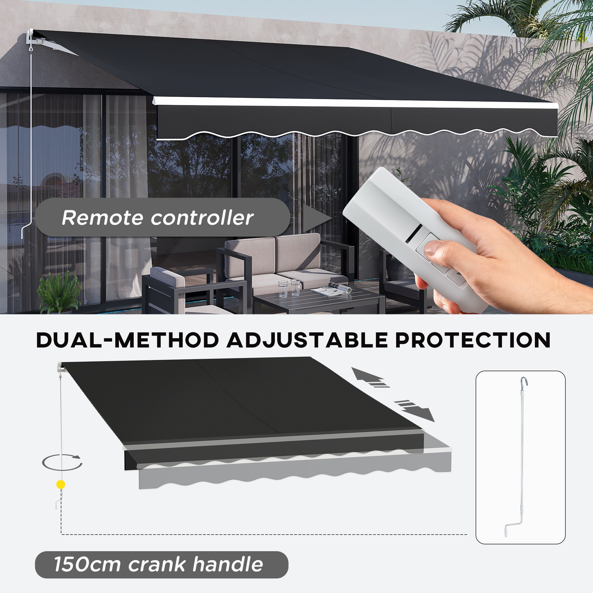 Outsunny 12' x 10' Electric Awning, Retractable Awning Sun Shade Shelter with Remote Controller, Manual Crank Handle and Aluminum Frame, for Deck, Balcony, Yard, Black