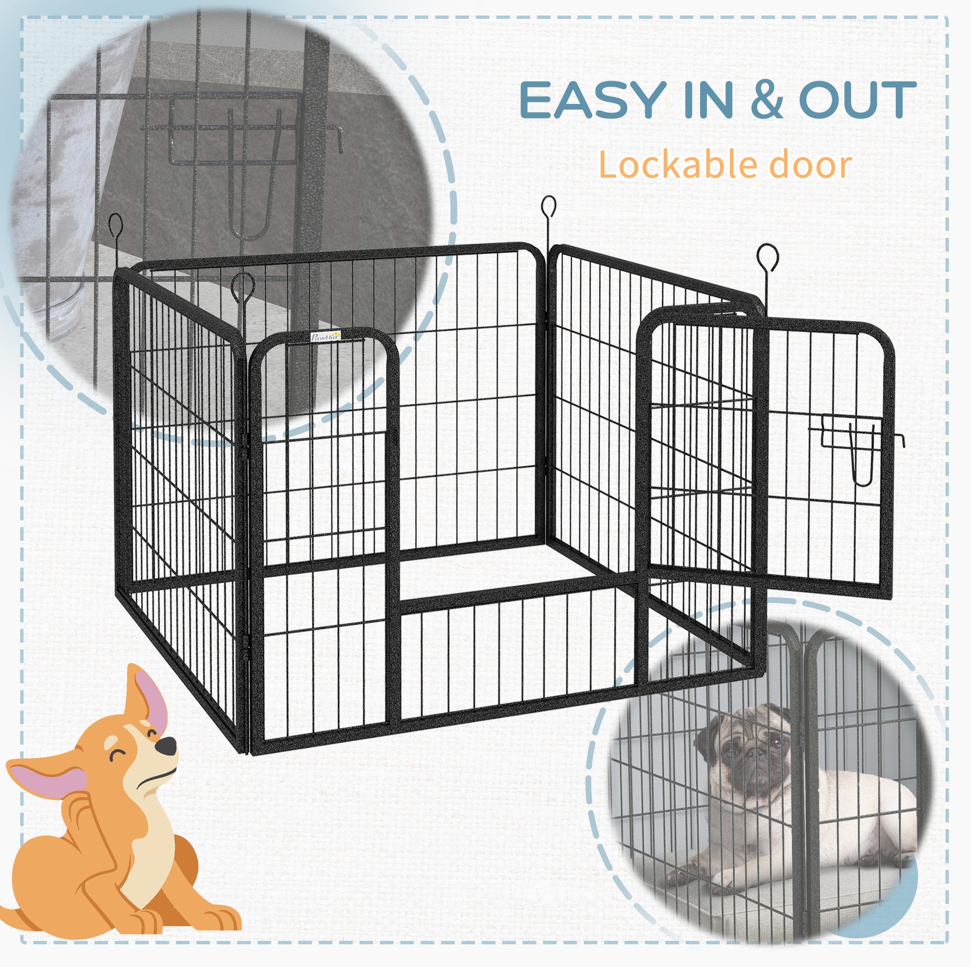 PawHut Dog Playpen, Heavy-duty Metal Puppy Play Pen, Pet Exercise Fences for Outside and Indoor, DIY Design with Door for Multiple Dogs, 4 Panels, 23.5"H