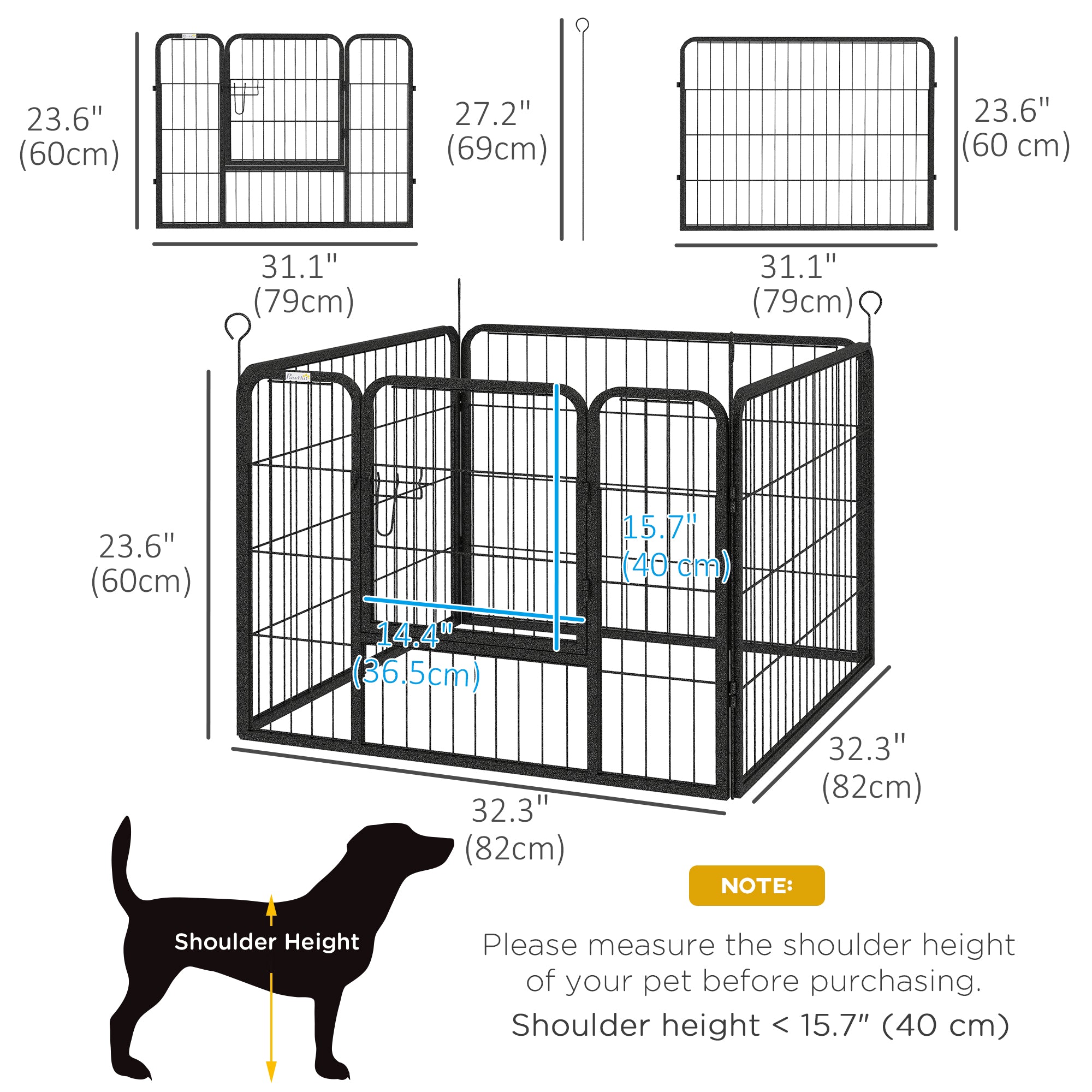 PawHut Dog Playpen, Heavy-duty Metal Puppy Play Pen, Pet Exercise Fences for Outside and Indoor, DIY Design with Door for Multiple Dogs, 4 Panels, 23.5"H