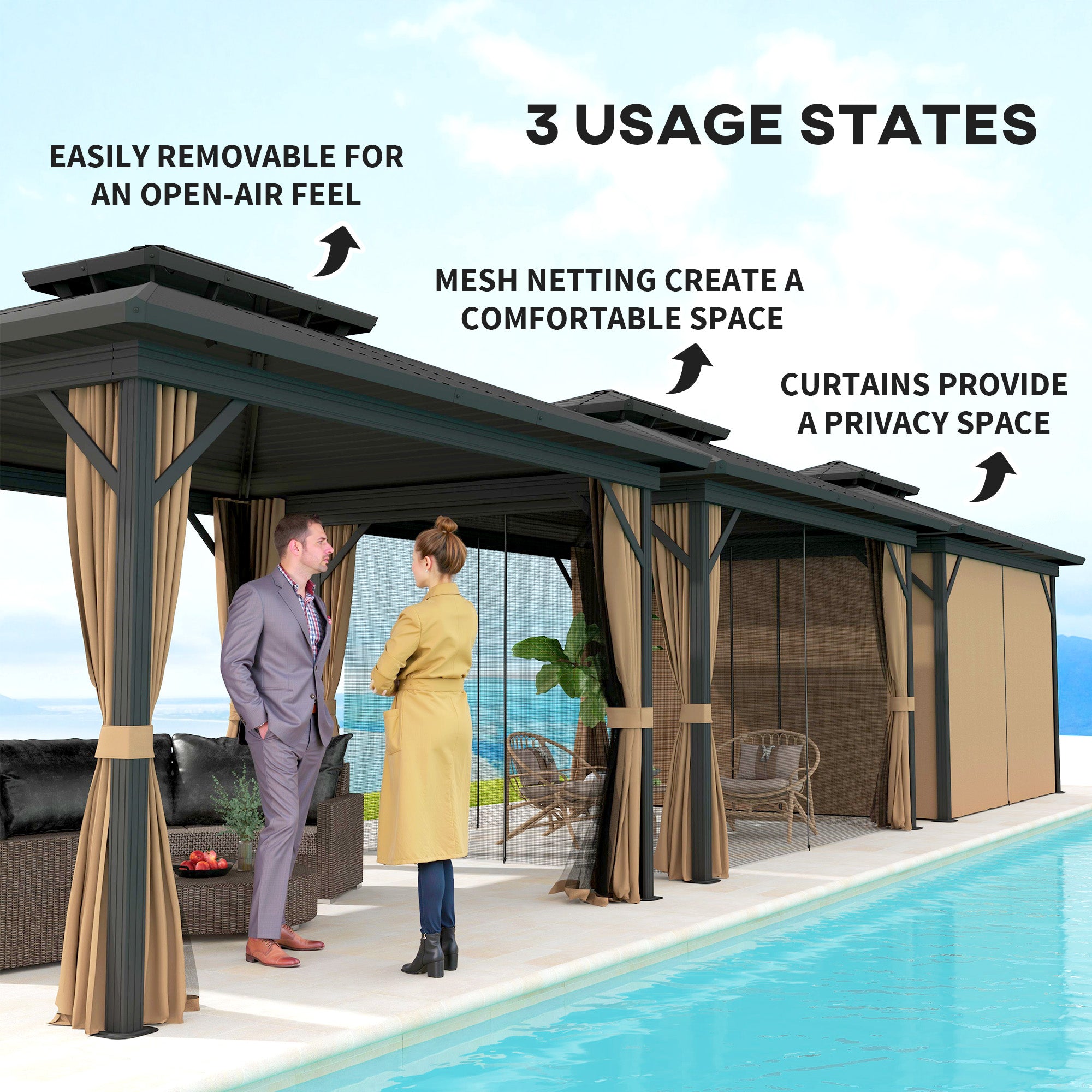 Outsunny 10' x 12' Hardtop Gazebo, Aluminum Frame Garden Sun Shelter with Double Tier Metal Roof, Mosquito Netting, Curtains, and Hanging Hook, Dark Brown