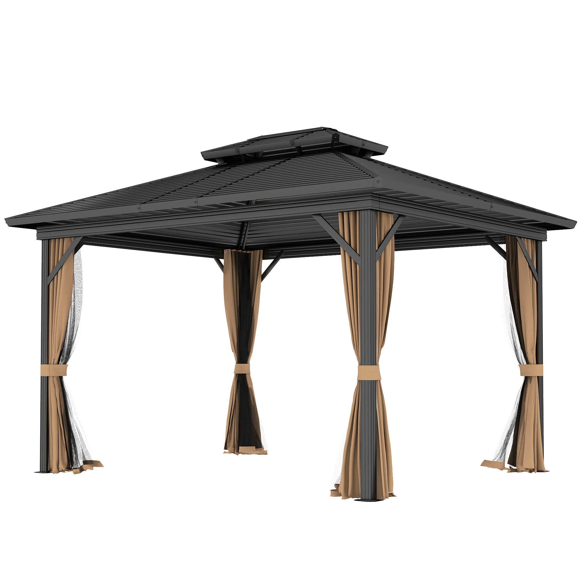Outsunny 10' x 12' Hardtop Gazebo, Aluminum Frame Garden Sun Shelter with Double Tier Metal Roof, Mosquito Netting, Curtains, and Hanging Hook, Dark Brown