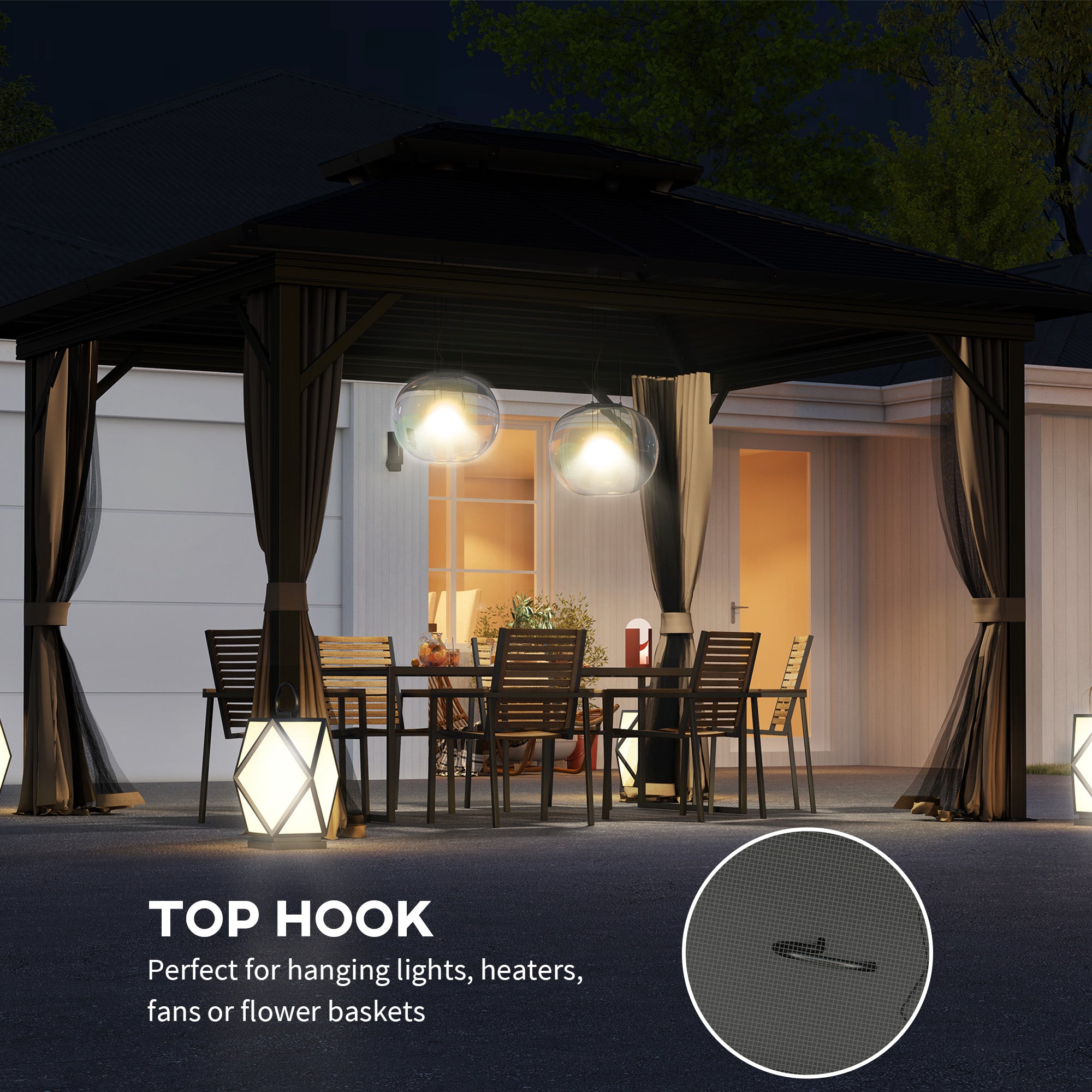 Outsunny 10' x 12' Hardtop Gazebo, Aluminum Frame Garden Sun Shelter with Double Tier Metal Roof, Mosquito Netting, Curtains, and Hanging Hook, Dark Brown