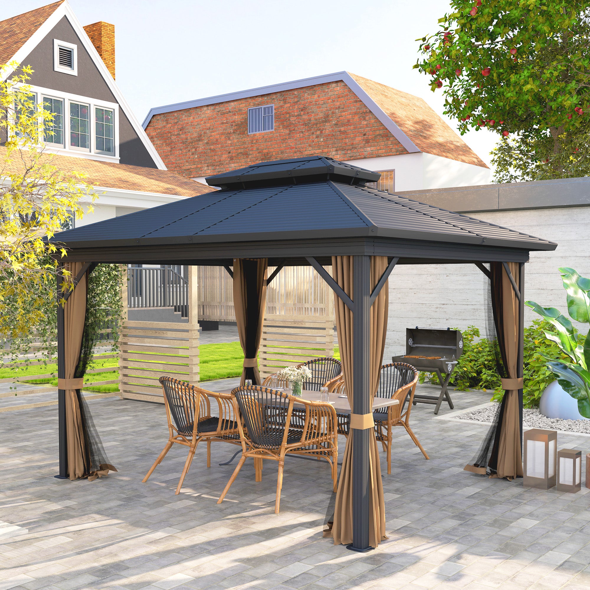 Outsunny 10' x 12' Hardtop Gazebo, Aluminum Frame Garden Sun Shelter with Double Tier Metal Roof, Mosquito Netting, Curtains, and Hanging Hook, Dark Brown